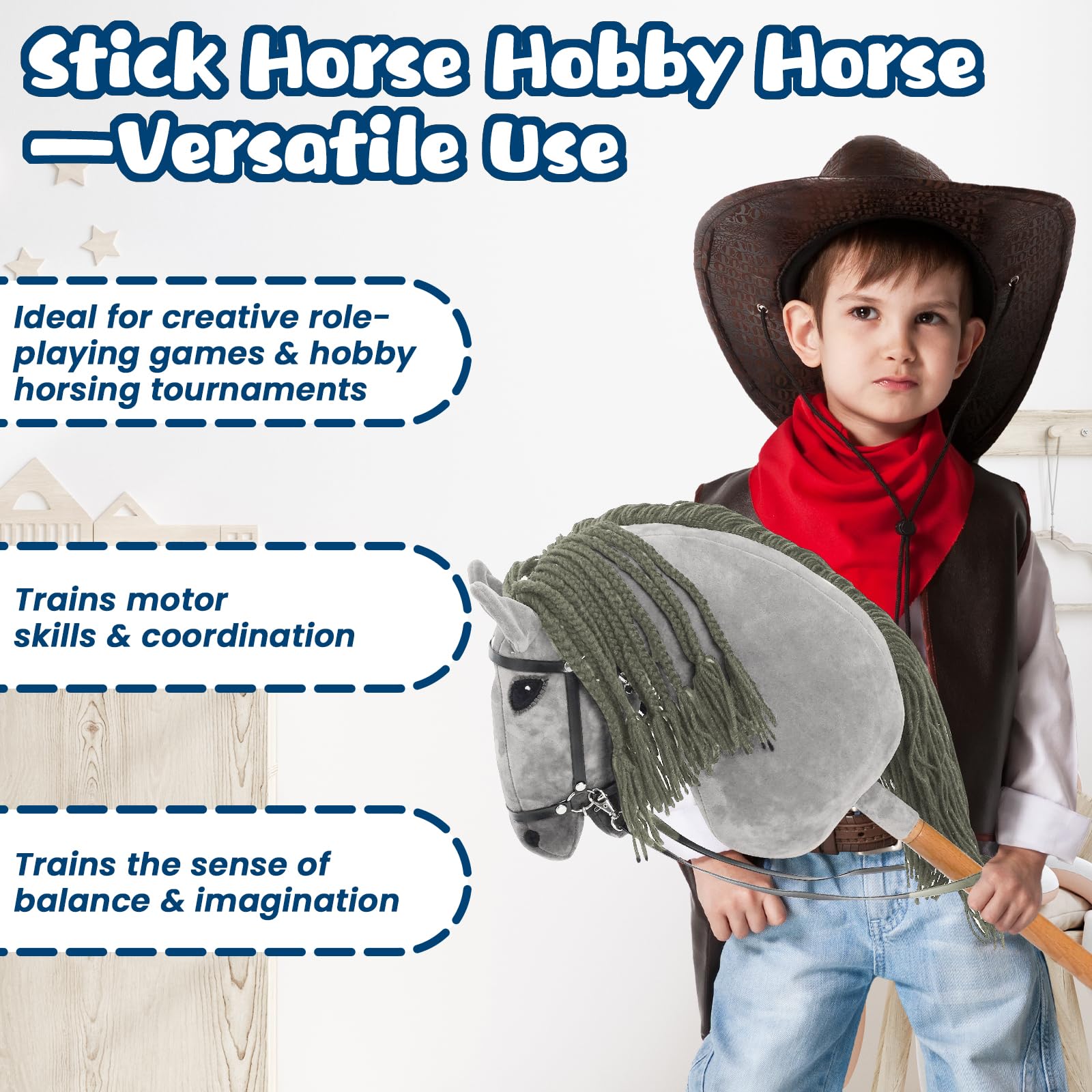 Hobby Horse dla dzieci, koń na kiju, zabawka, koń z uzda i wodze, drewniany koń, pluszowy koń dla dzieci od 3 lat