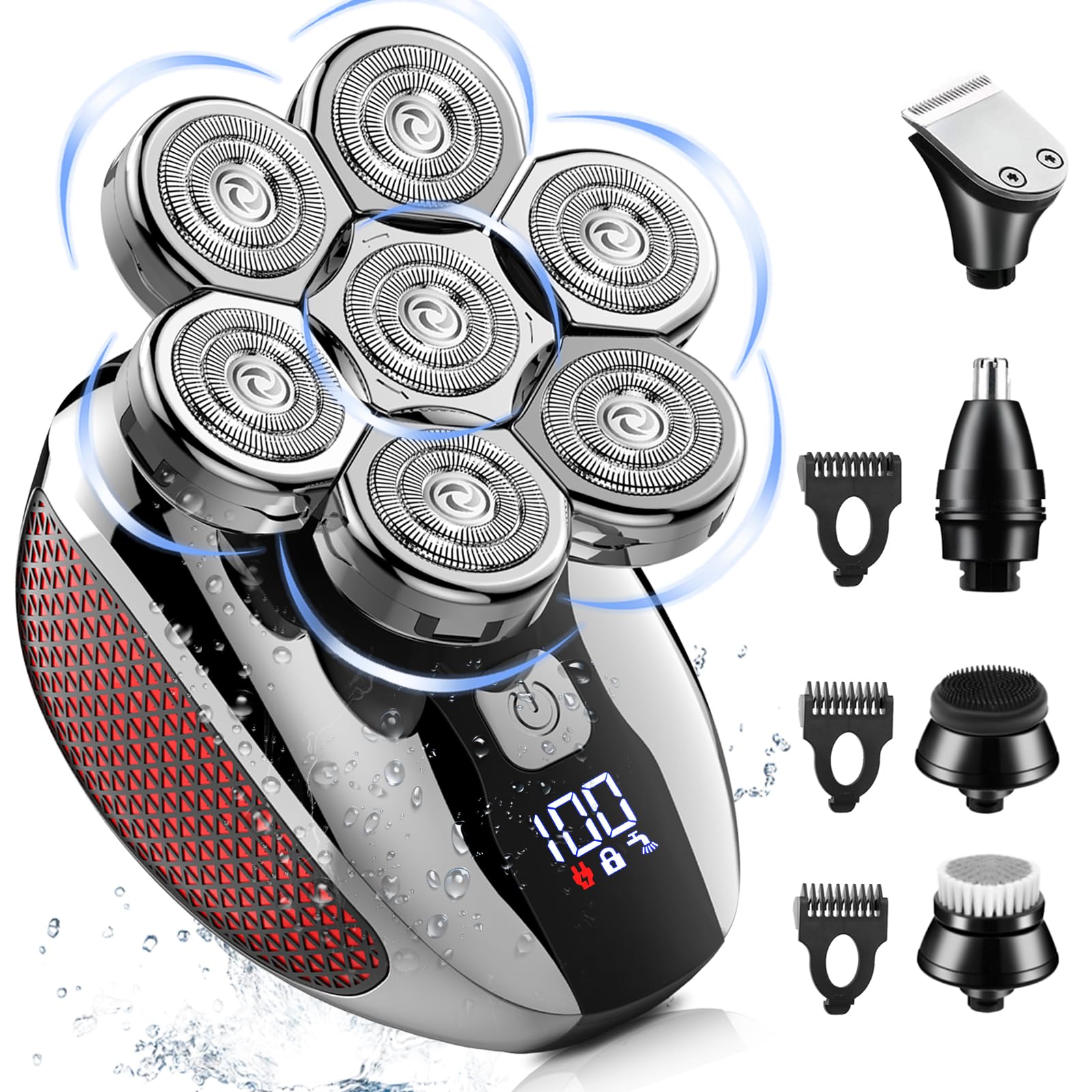 Head Shavers for Bald Men 7D, 5 in 1 Electric Shavers for Men Bald Head Rechargeable Bald Shavers for Men Waterproof Men's Rotary Shavers Grooming Kit with LED Display