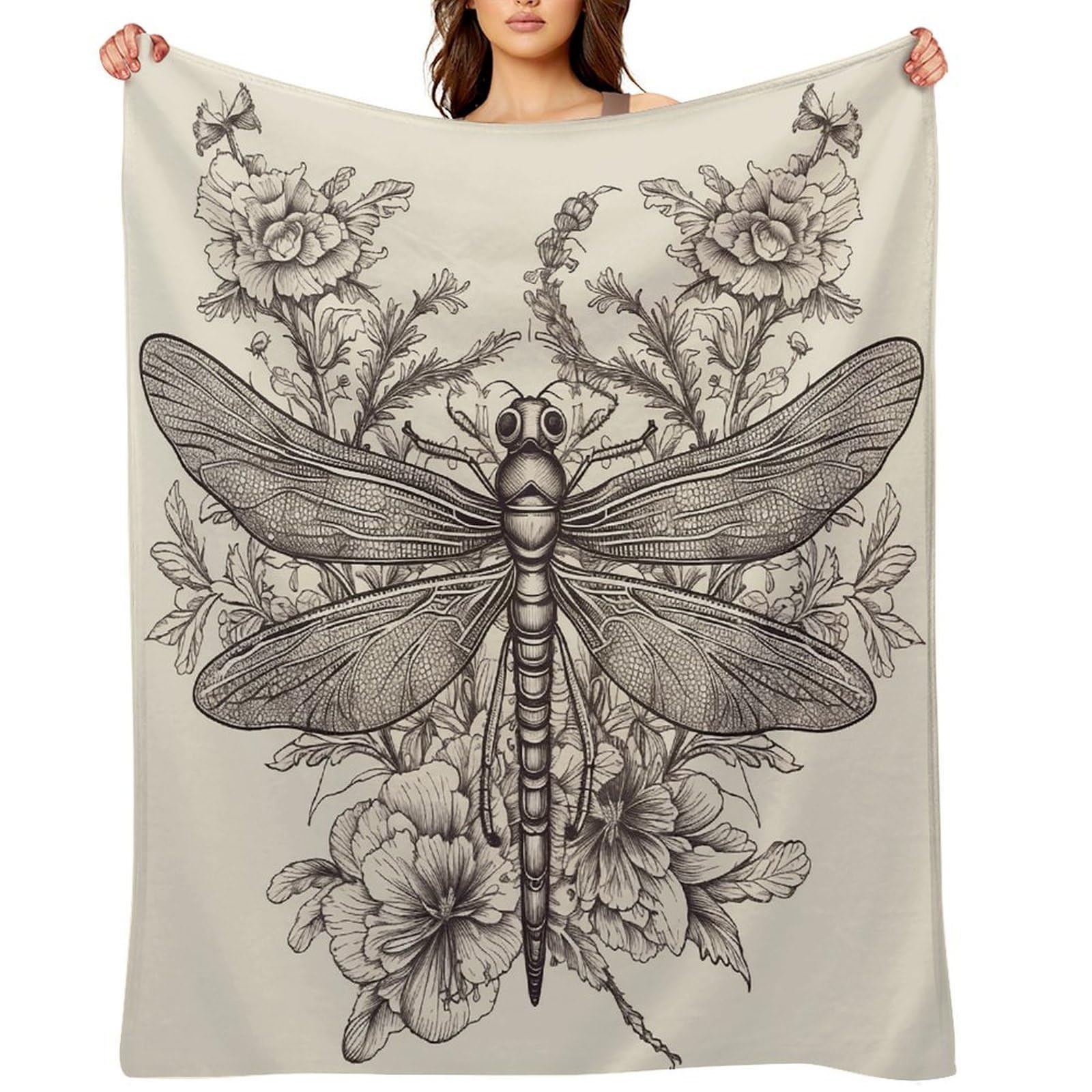 Hand Drawn Floral Dragonfly Throw Blanket for Couch and Bed Super Soft Warm Lightweight Throw Blankets Cozy Fuzzy Flannel Blanket Personalized Decorative Blankets for Sofa Decor 40"x50"