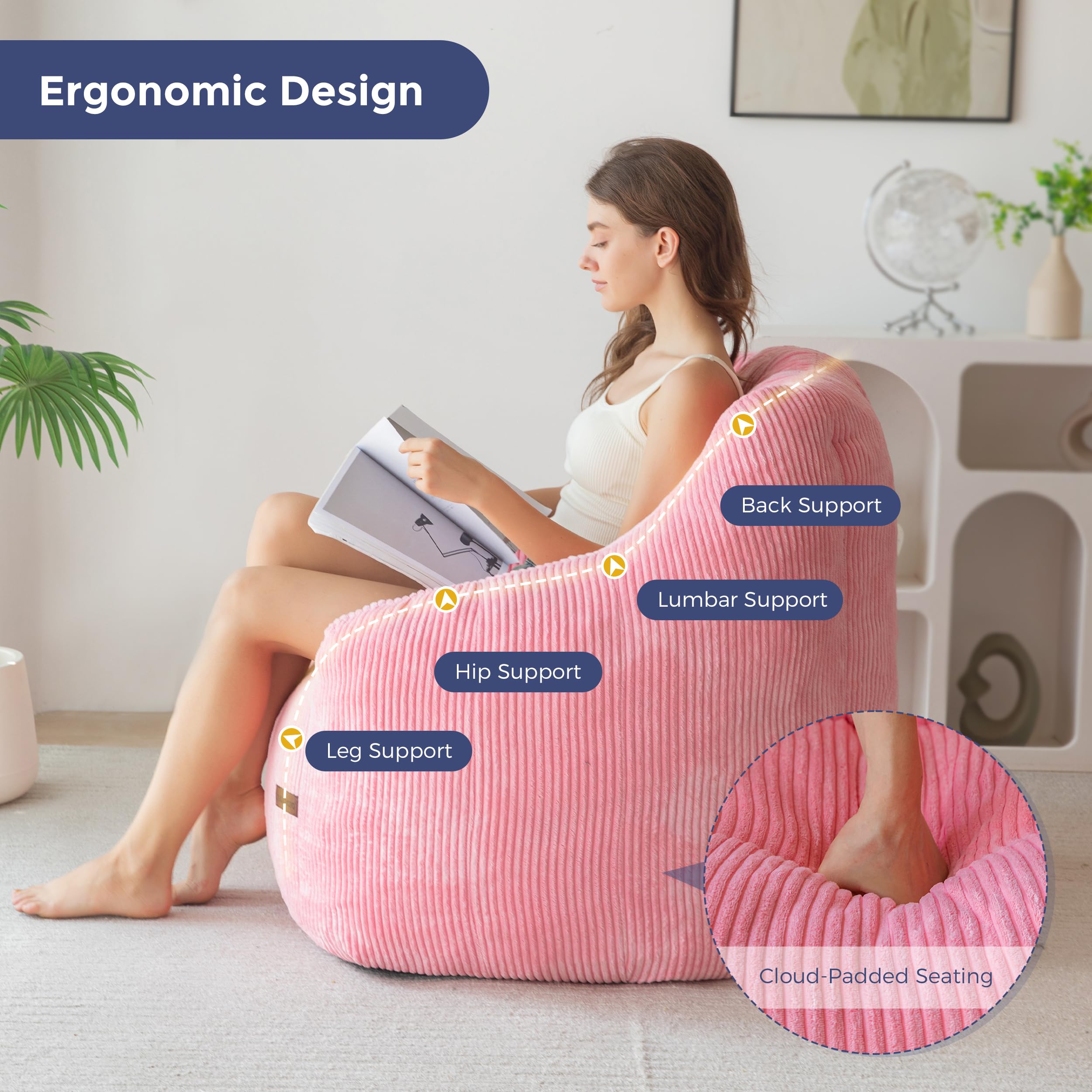 MAXYOYO Sitzsack, Sitzsack-Sofa mit Füllung, Gemütlicher Wohnzimmersessel für Erwachsene und Kinder, Gepolstertes Bodensofa für Schlafzimmer, Studentenwohnheim und Leseecke