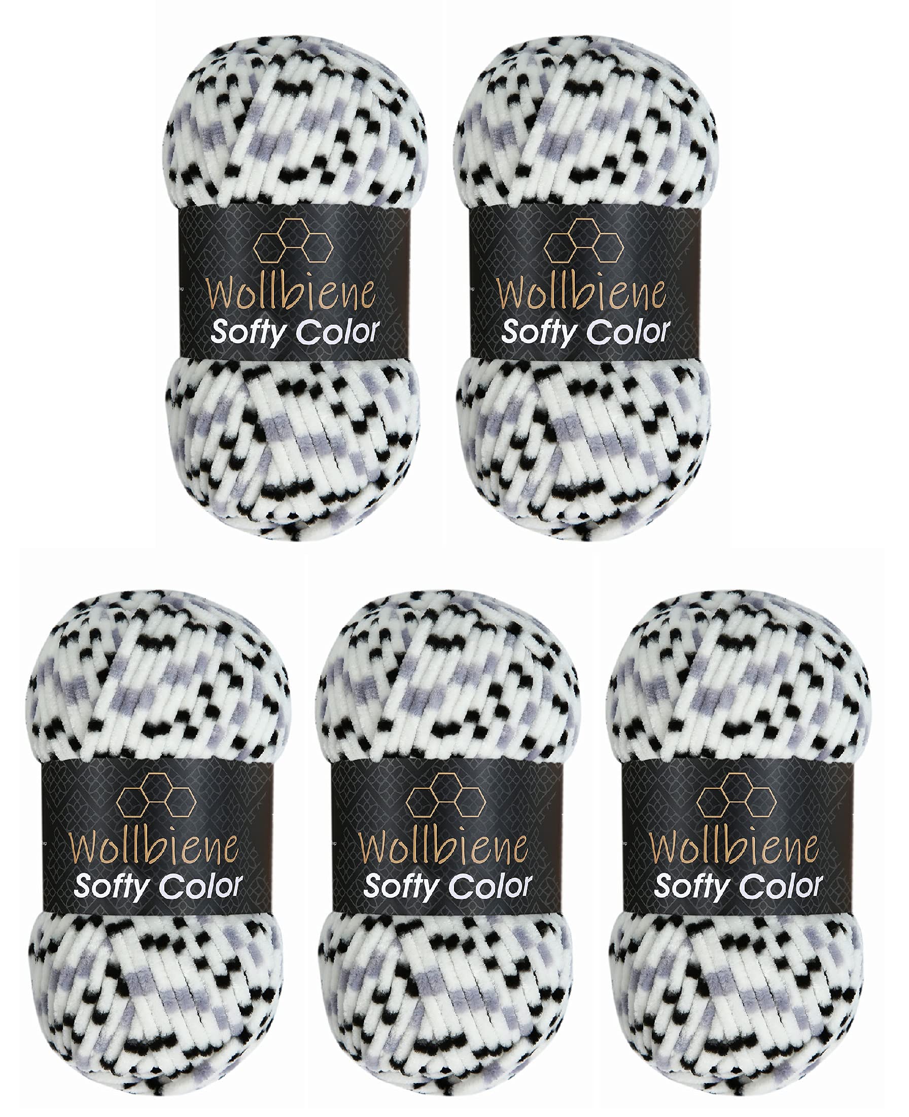 Wollbiene Softy Colour 5 x 100 g Chenille Wool Baby Wool 500 g Super Bulky (Black-Grey-White 115)