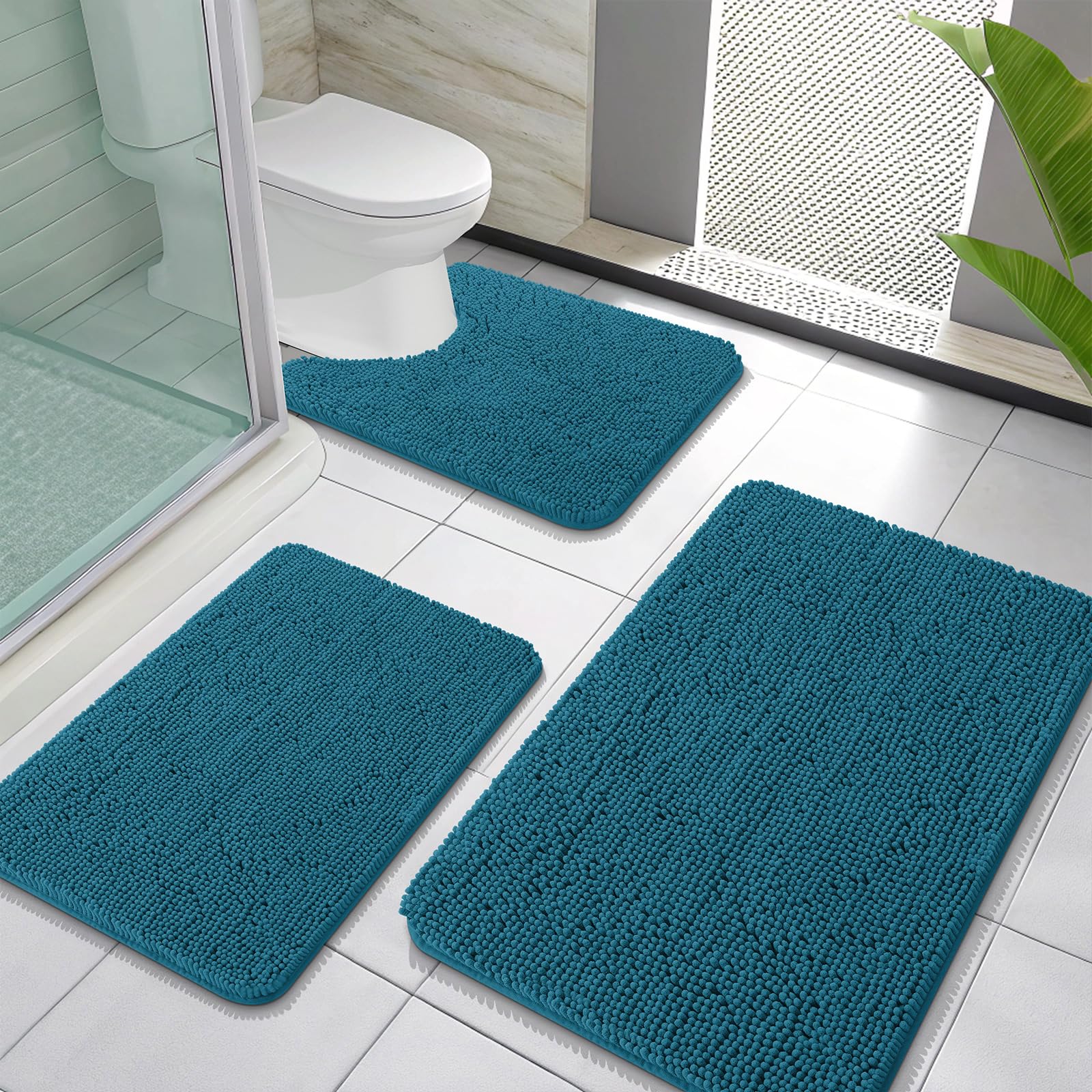 OLANLY Bathroom Rugs Sets 3 Piece, Soft Absorbent Chenille Bath Mats and U-Shaped Contour Toilet Rug, Quick Dry, Home Decor Accessories, Bath Mat Set for Floor (30"x20"+24"x16"+24"x20", Peacock Blue)
