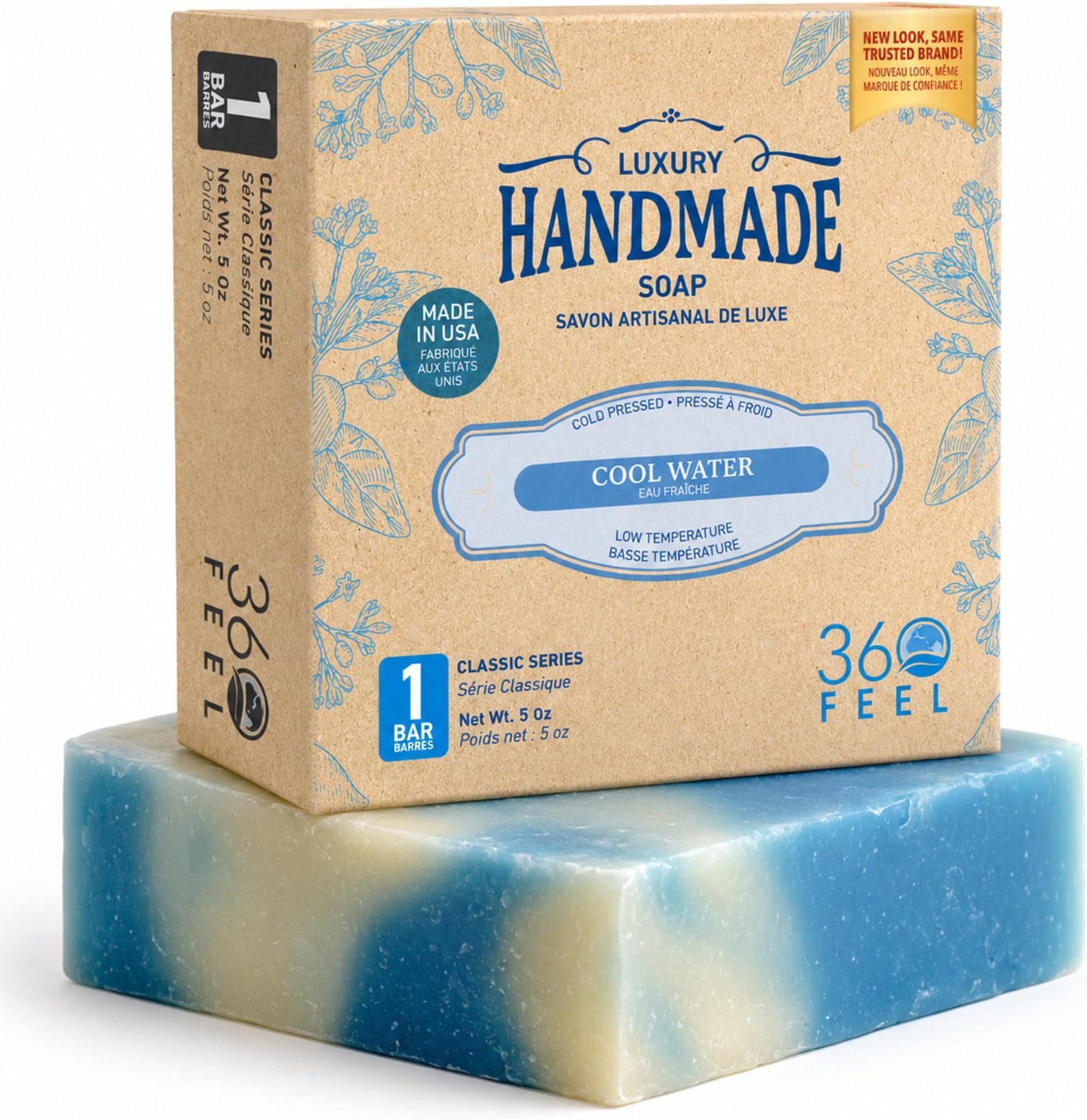 360Feel Cool Water Soap - Made in The USA - Castile Handmade All Natural Cold Processed - Infused with Cool Water Scent for Gentle Cleanse & Moisturizing Lather - Rich Foam (5 oz)
