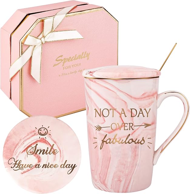 Not A Day Over Fabulous Mug,Birthday Gifts for Women,Ceramic Marble Coffee Mug Funny Pink Gift Set Ideas for Her Wife Mom Daughter Sister Aunt Friends Coworker,Mothers Day Gifts 14 oz (Pink)