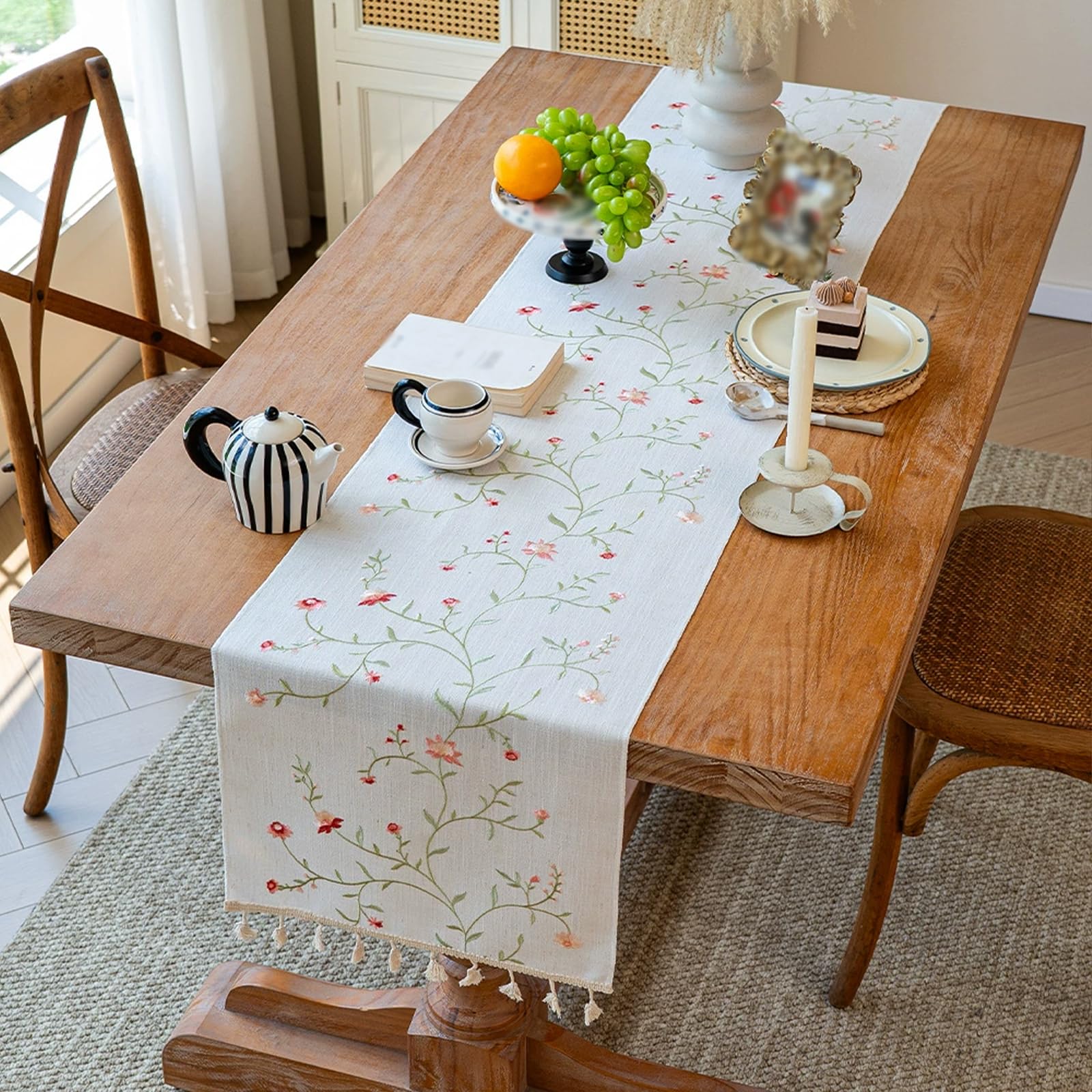 Embroidered Willow Leaf Table Runners Cotton Linen Tablerunner With Tassels Elegant Rectangle Decor For Daily Use Kitchen Dining Party Dessert Table Decor Red Green Rose (35*180cm/13.77*70.86in)