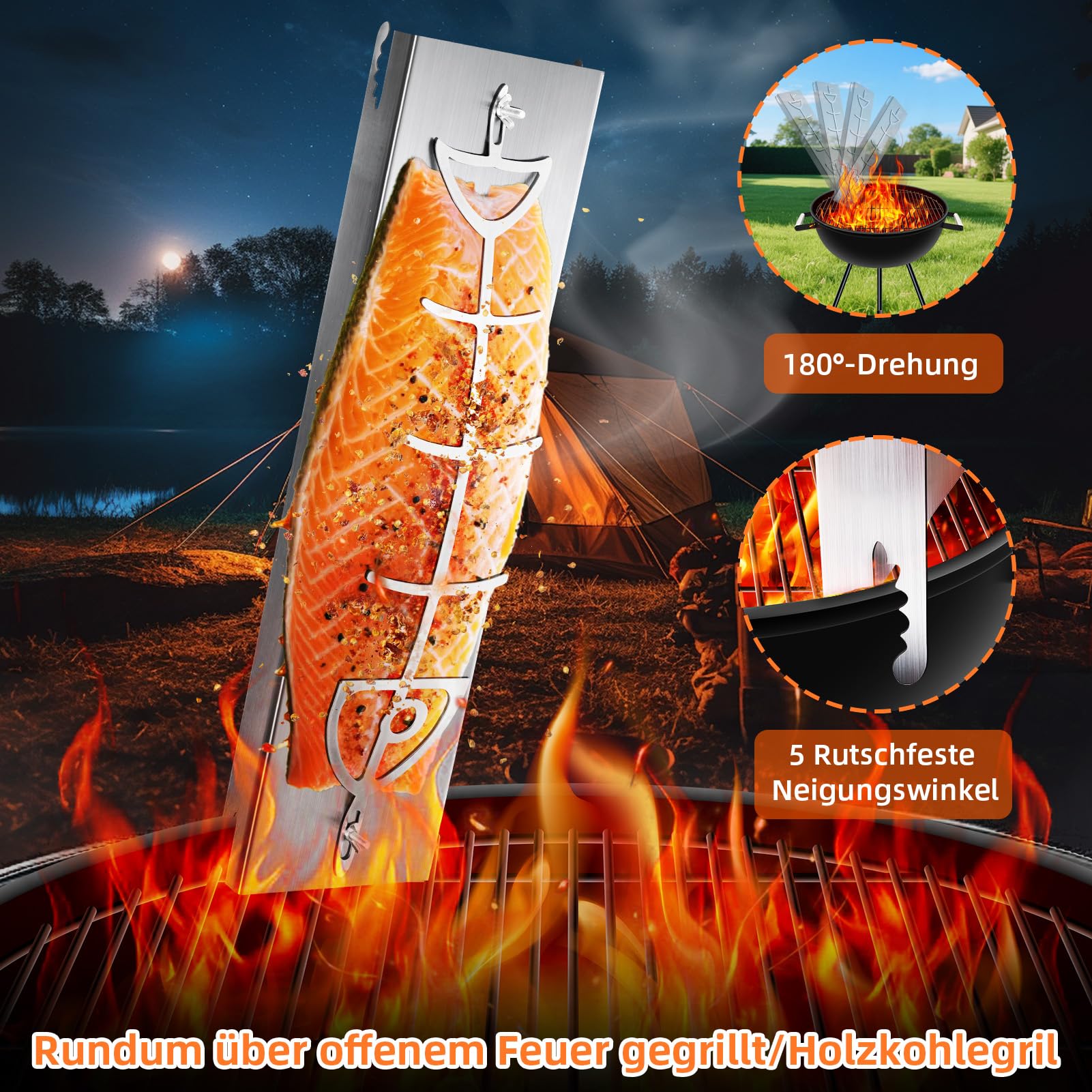 Flammlachsbrett Lachsbrett aus Edelstahl für Feuerschale und Kugelgrill Grill Feuerstelle Feuerschalen | Flammlachsbretter mit Halterung 180° Wendefunktion 5 Fach Verstellbar 58.5X16cm