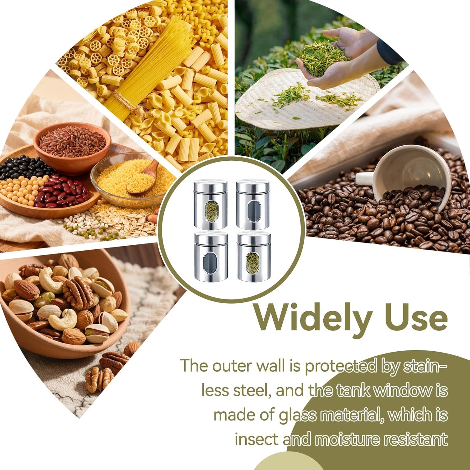 4Pcs 20oz Stainless Steel Kitchen Canisters Set, Food Storage Containers with Glass Window & Airtight Lid, Coffee Sugar Tea Candy Visible Storage Jars for Kitchen Baking Home Decoration