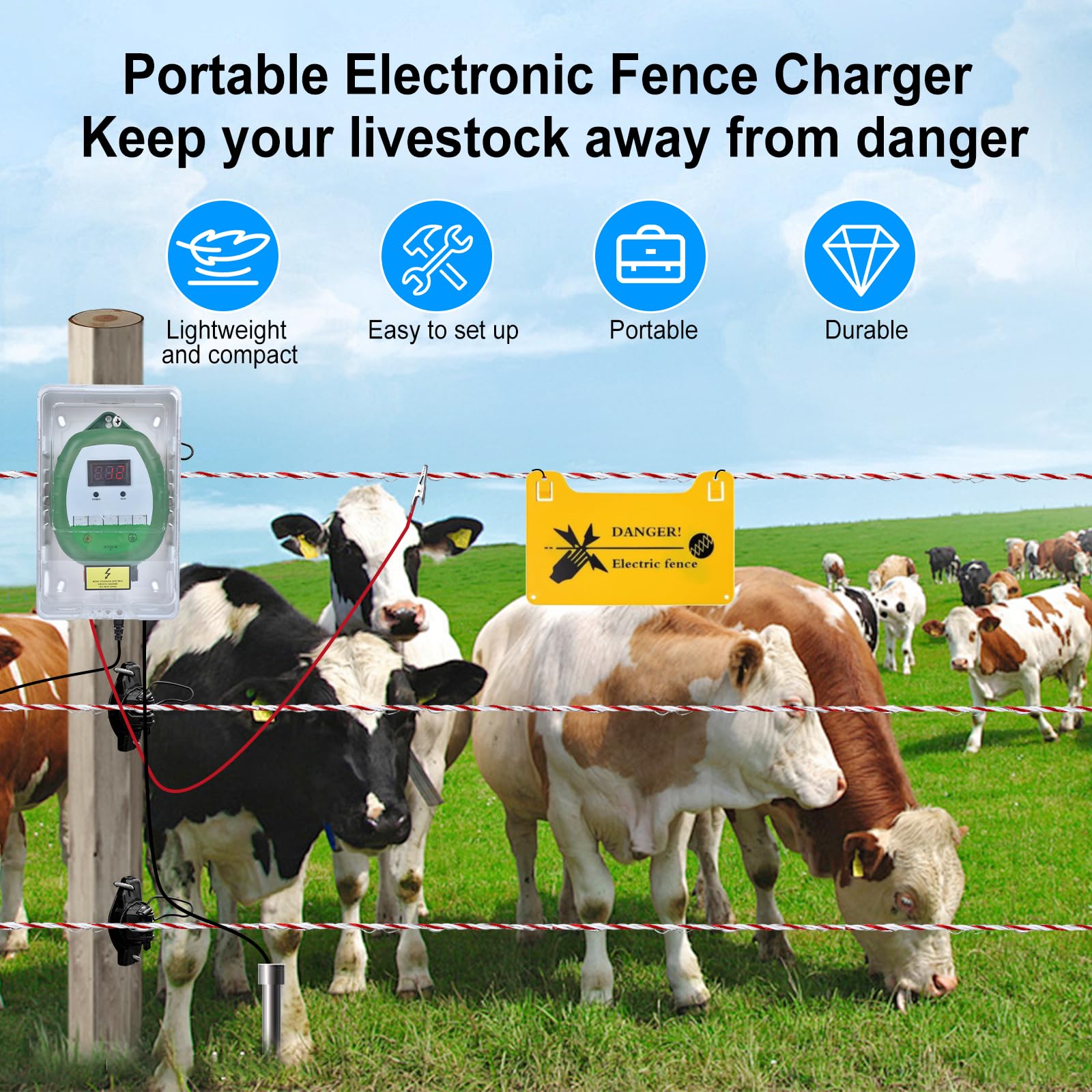 Pastor Eléctrico de 10 km Cercas Eléctrica Kit : 1x Electrificadores + 1x hilo canductores 200 m 2,2 mm² + 1x Estuche impermeable - Cerca Valla Eléctrica para Ganado, Caballos, Aves, Pastor (Verde)
