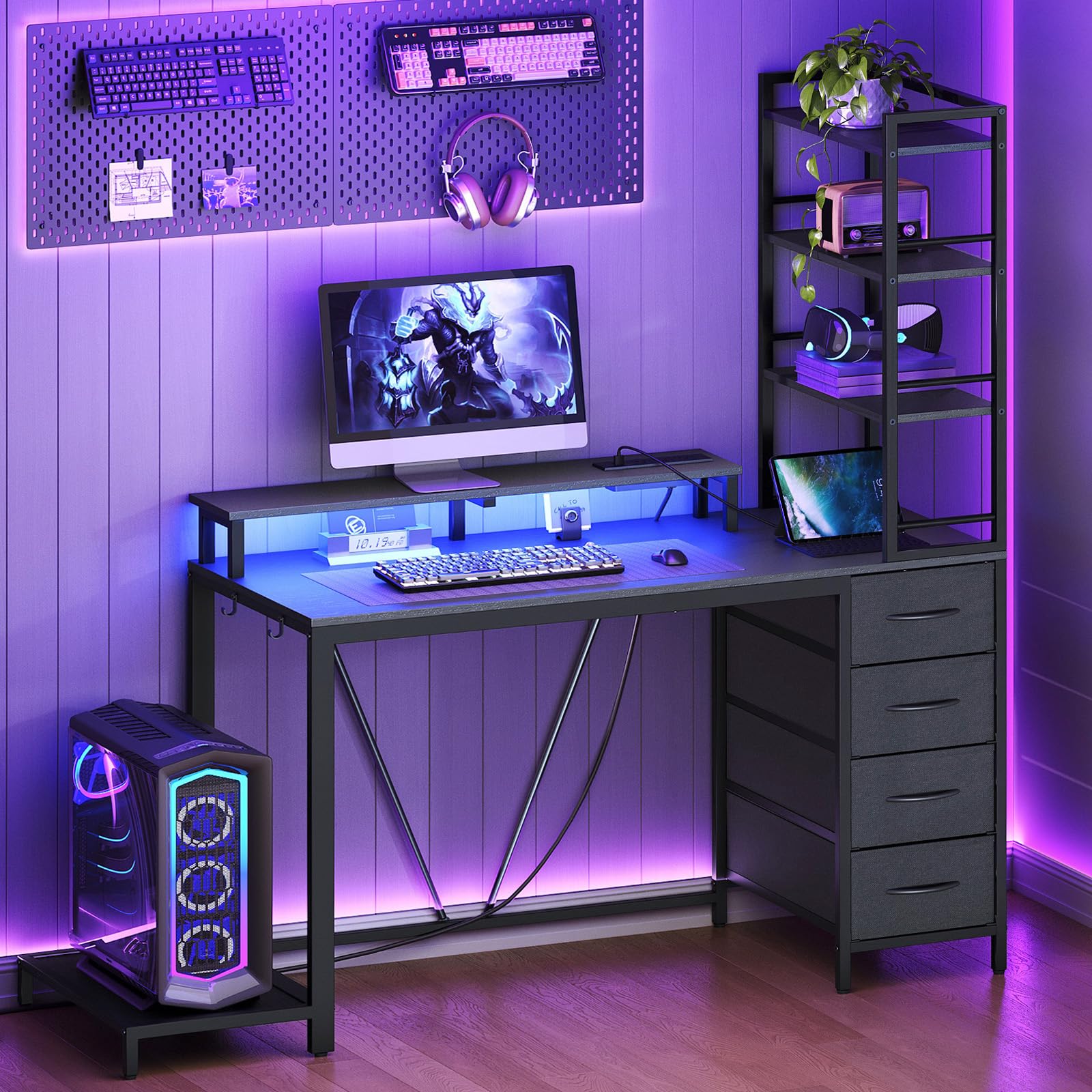 RALGEND 43 Inch Computer Desk with 4 Fabric Drawers, Gaming Desk with Storage, Shelves and Power Outlet, Industrial Gaming Desk with Hutch, LED Lights