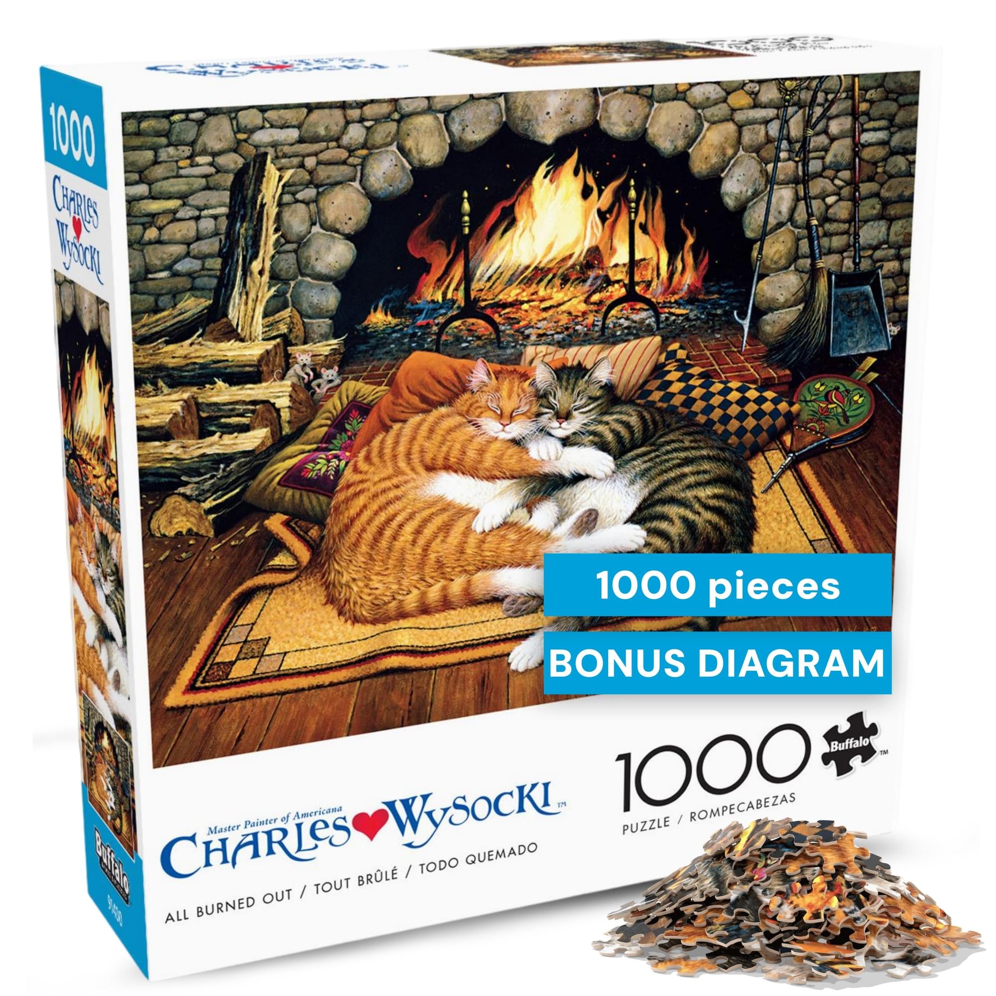 Buffalo Games – Charles Wysocki All Burned Out 1000 Piece Jigsaw Puzzle for Adults, Cozy Cat Fireplace Americana Artwork, Made in USA