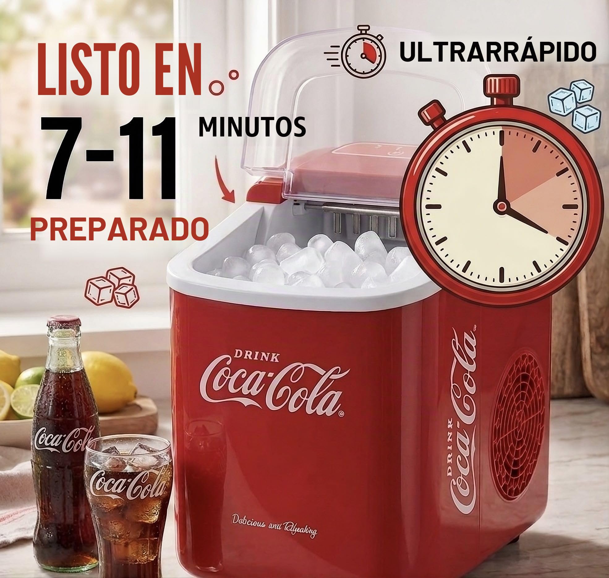 Salco Máquina de cubitos de hielo Coca-Cola, cubitos de hielo en 8-13 minutos, con abrebotellas COCA-COLA (10 kg en 24 h - rojo)