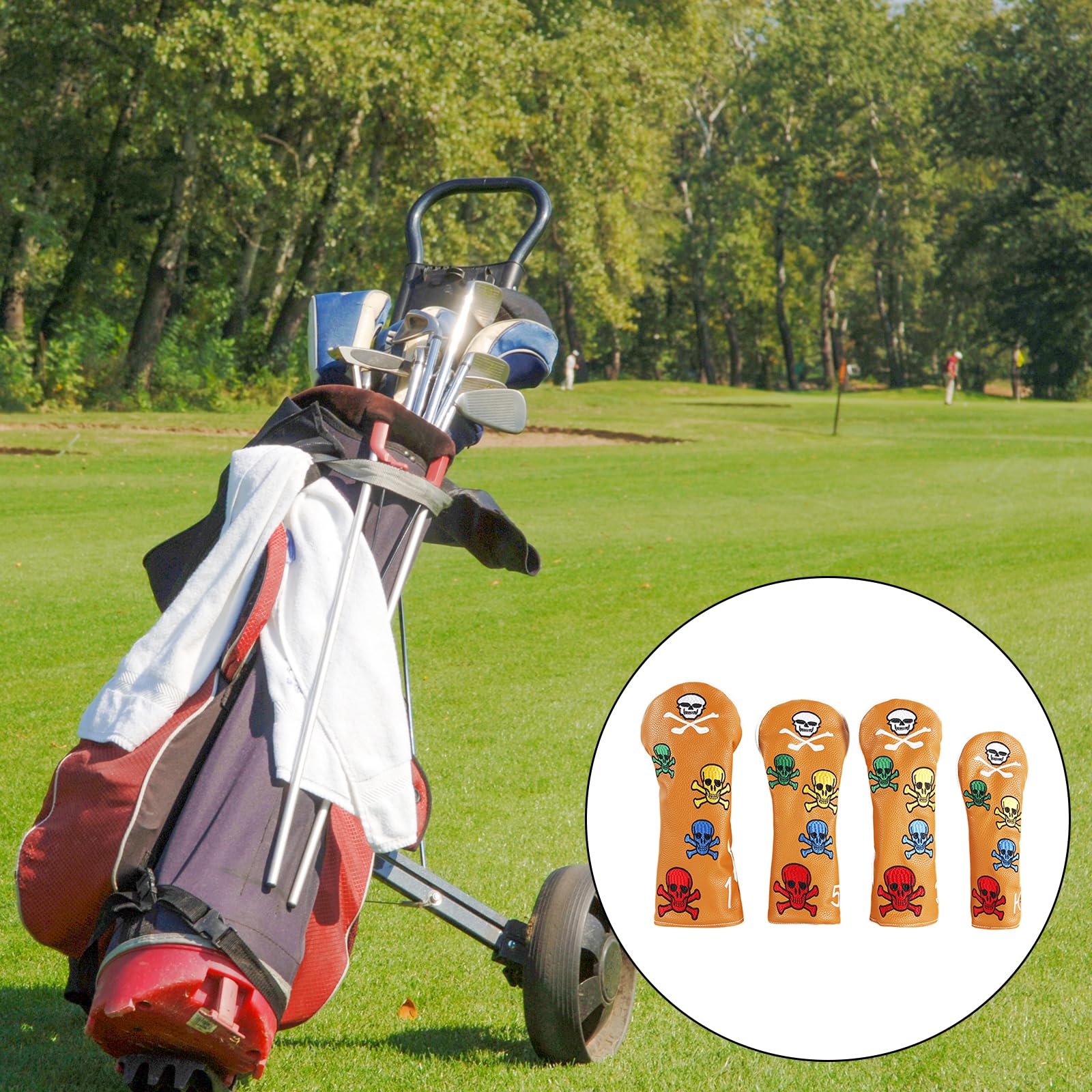 4 Stück PU Leder Golfschläger Schlägerkopfabdeckung, Totenkopf Muster, Holzschlägerabdeckung, Golfschläger Kopfabdeckung aus Holz