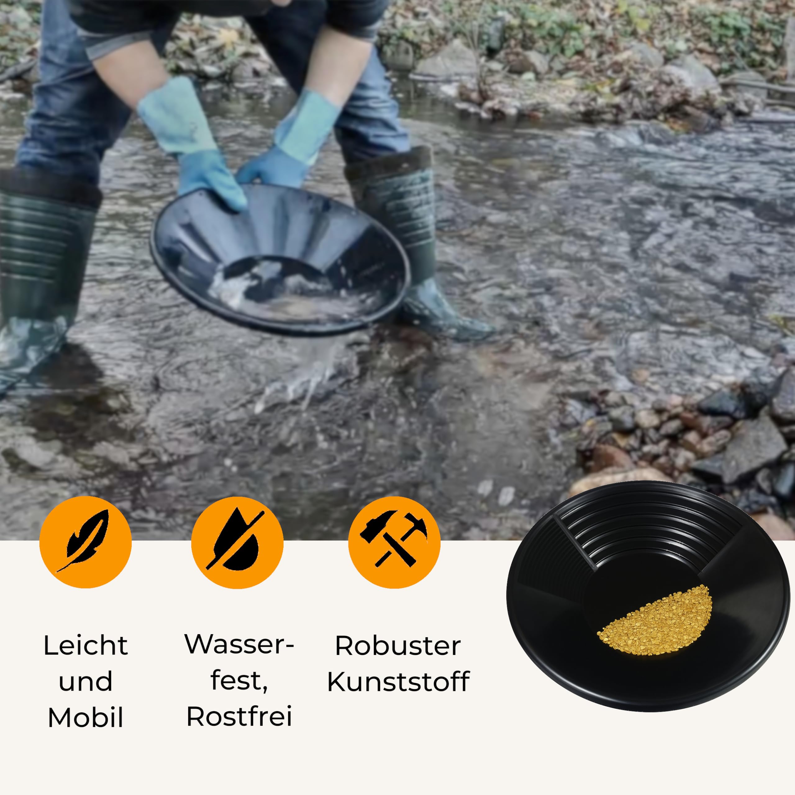 Goldwasch-Set 10-teilig – Goldwaschpfanne Ø 35 cm, Sieb, Schaufel, Snifferbottle, Pipetten & Gläschen – Komplettes Goldwasch Set für Einsteiger & Profis