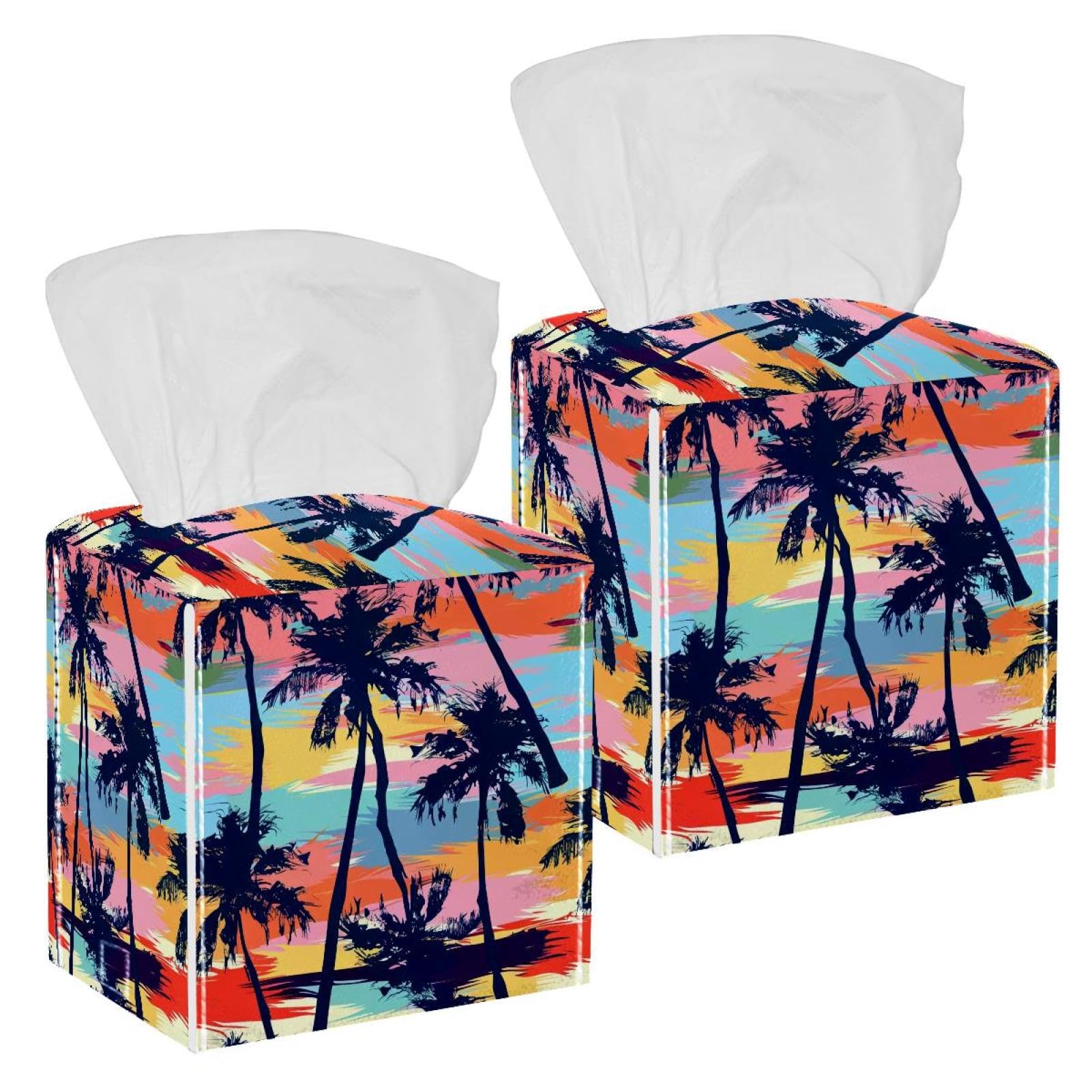 Tree Silhouette Tissue Box Cover, 2 Pack PU Leather Square Facial Tissue Dispenser Box holder for Home Office Car