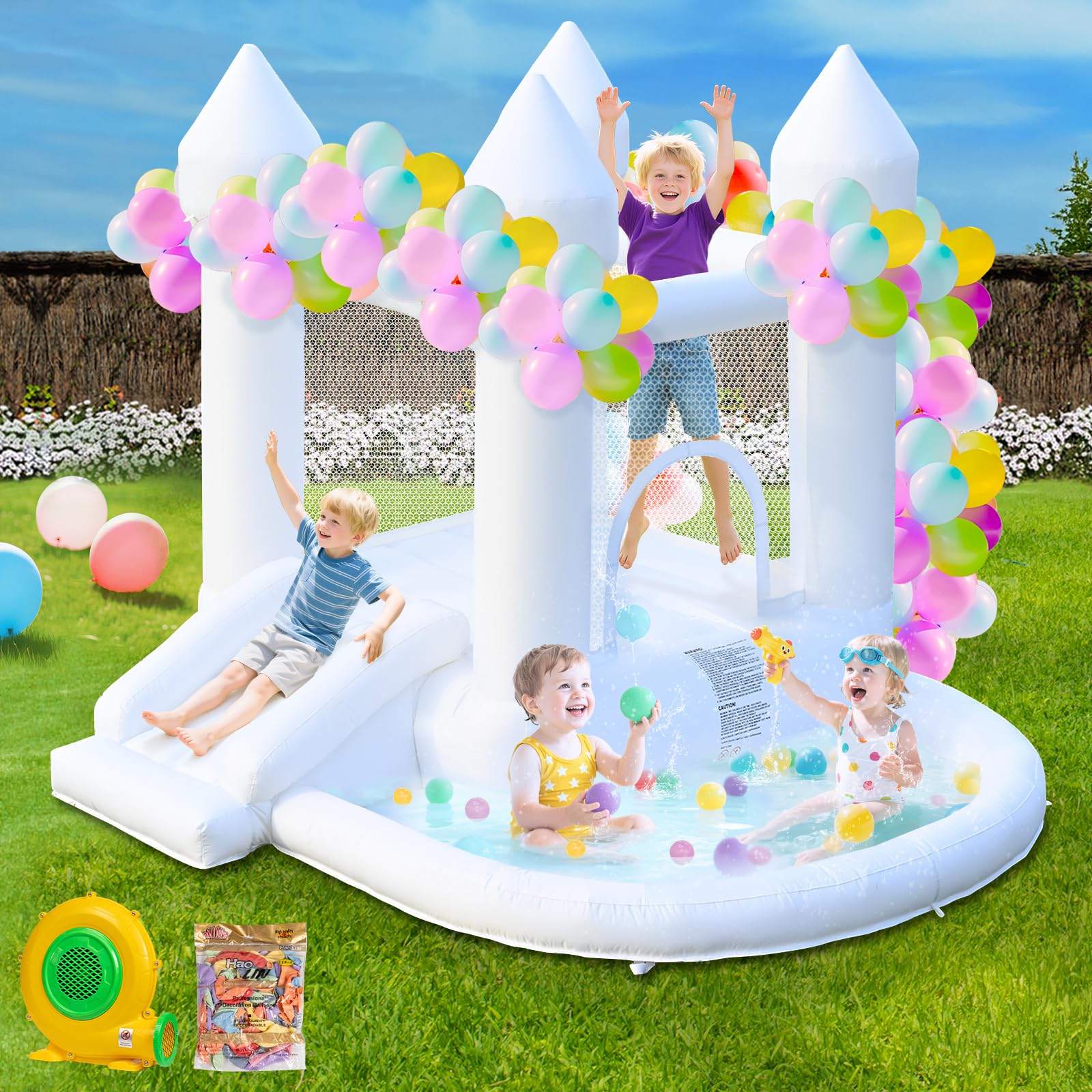 Castillo hinchable con tobogán, castillo hinchable con piscina de bolas, castillo de boda para fiestas en el patio trasero para niños, con soplador de aire de 370 W
