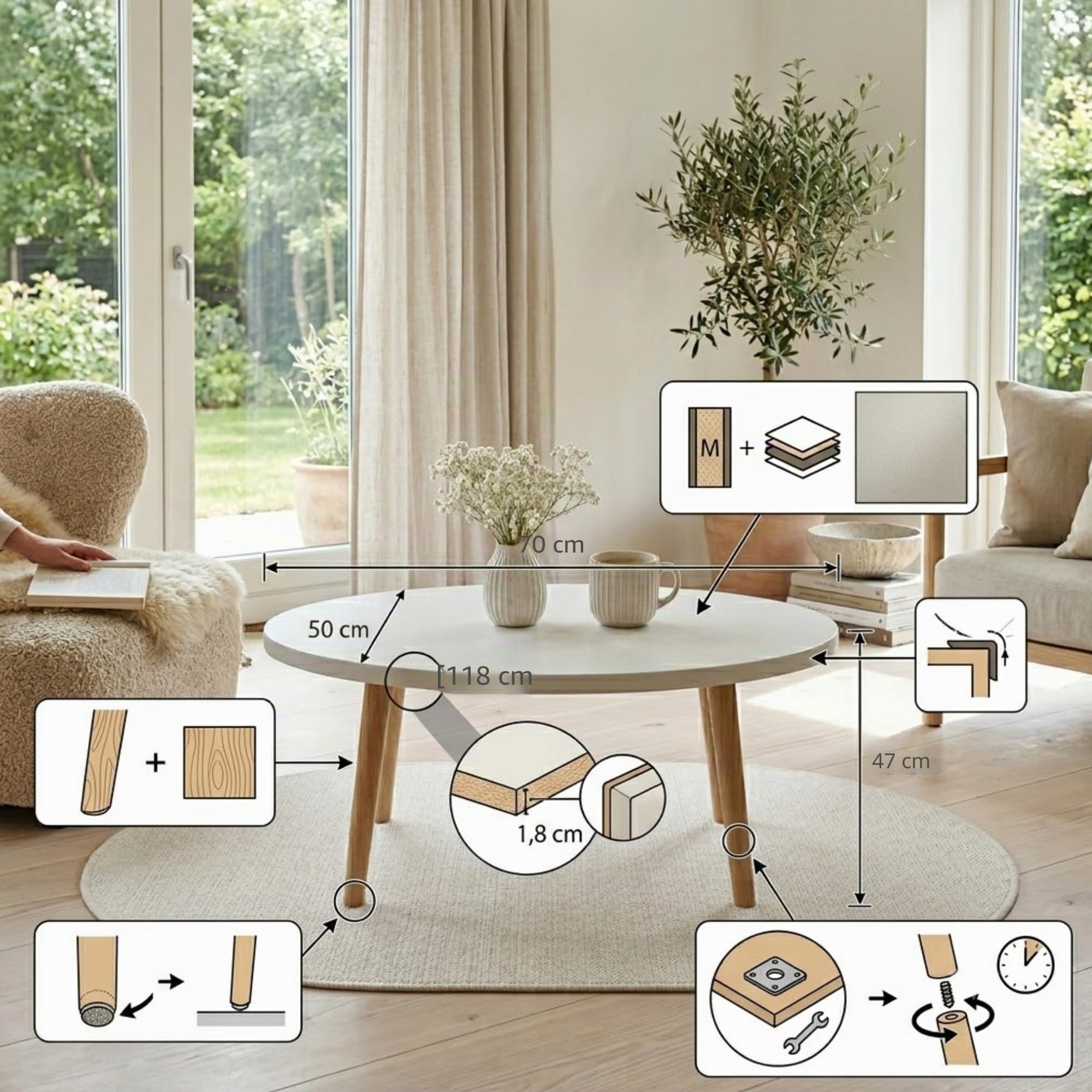 P&P Furniture - Mesa de centro ovalada de madera escandinava, 70 x 50 cm, color blanco, pequeña, mesa de salón, sofá, mesa blanca, madera, moderna