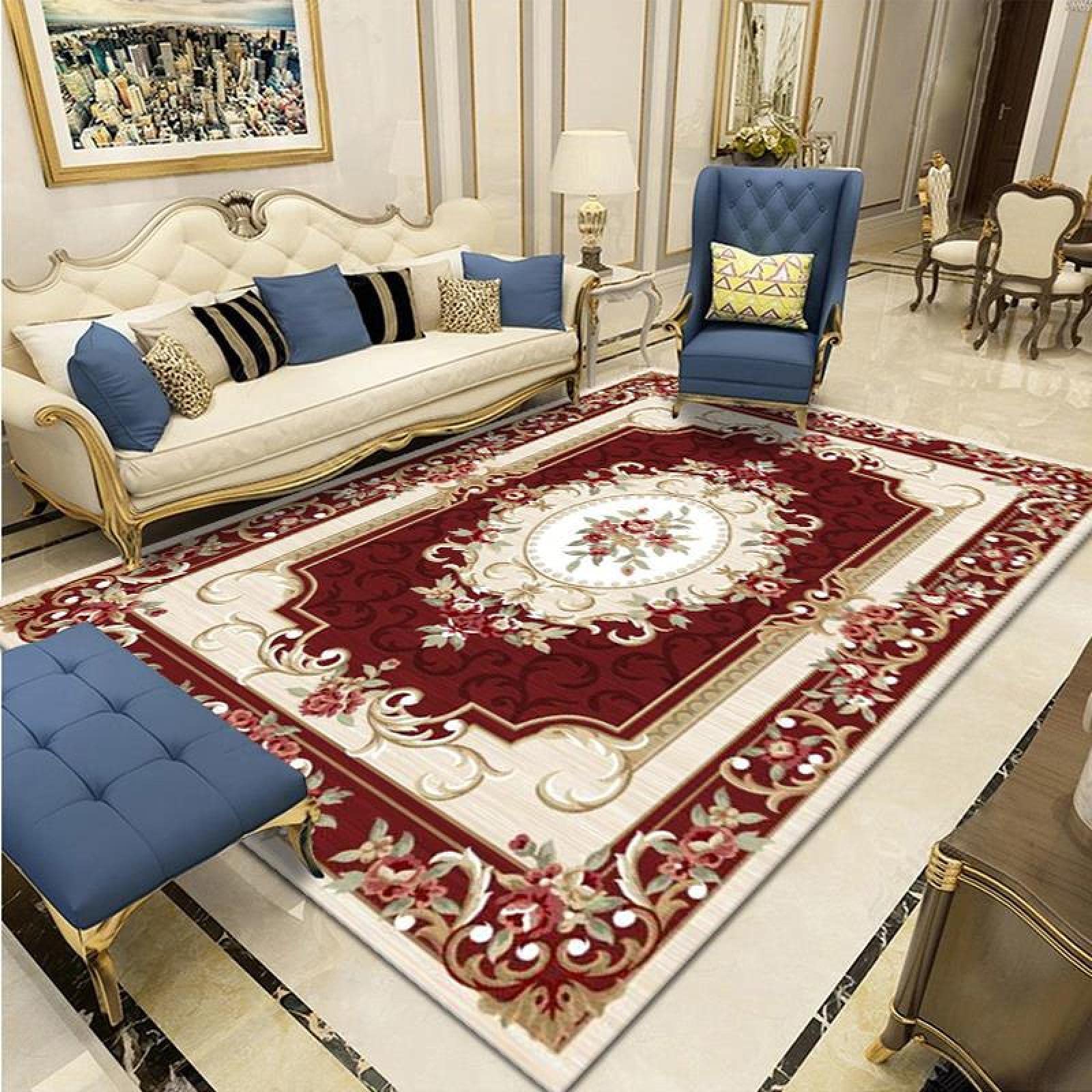 Grand tapis rétro géométrique ethnique aux finitions soignées pour chambre