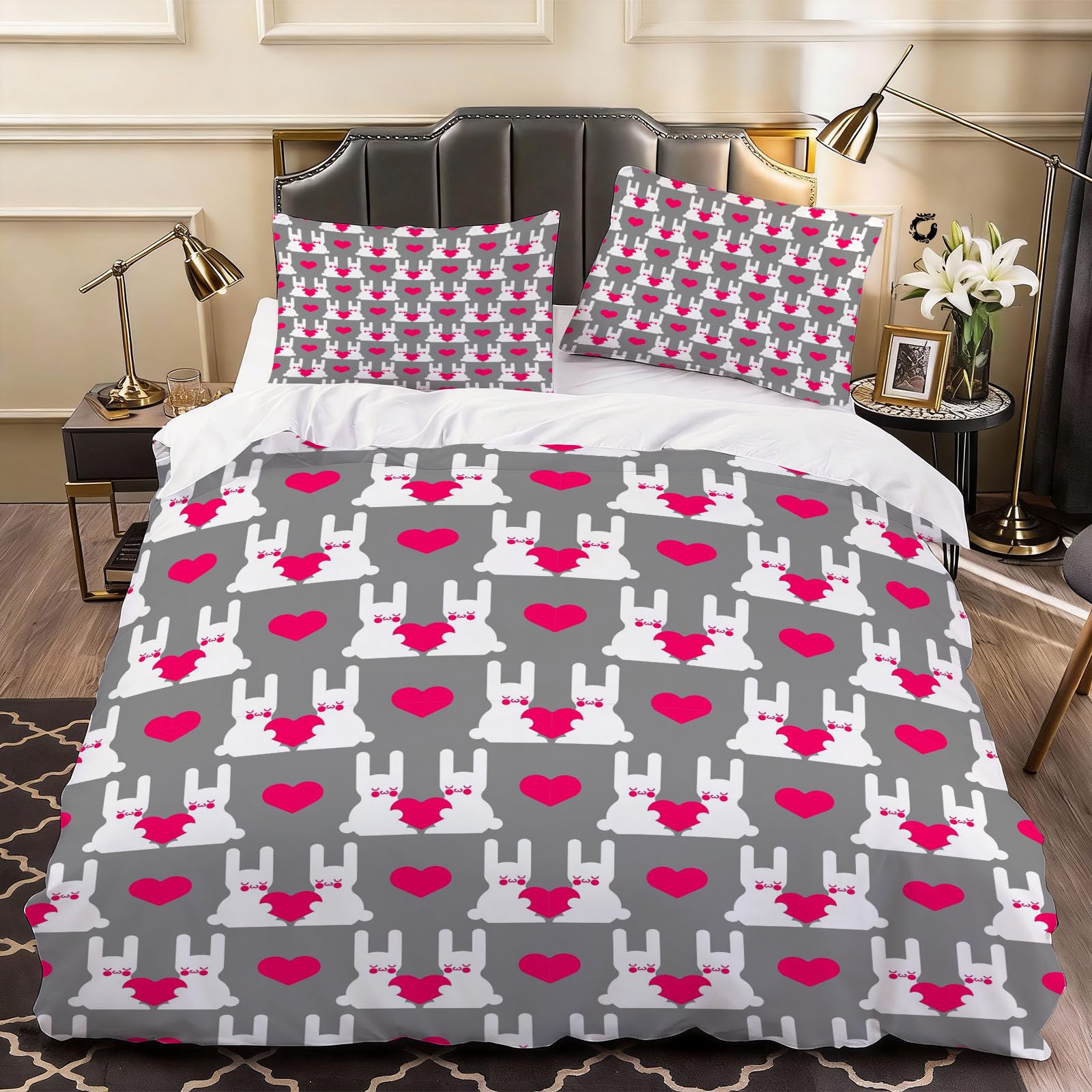 3D Cute Rabbit Duvet Cover Cute Bedding Double Bed Set, Soft Microfiber Comforter Cover Printed with Zipper Closure Quilt Coverr 200x200 cm and 2 Pillowcases