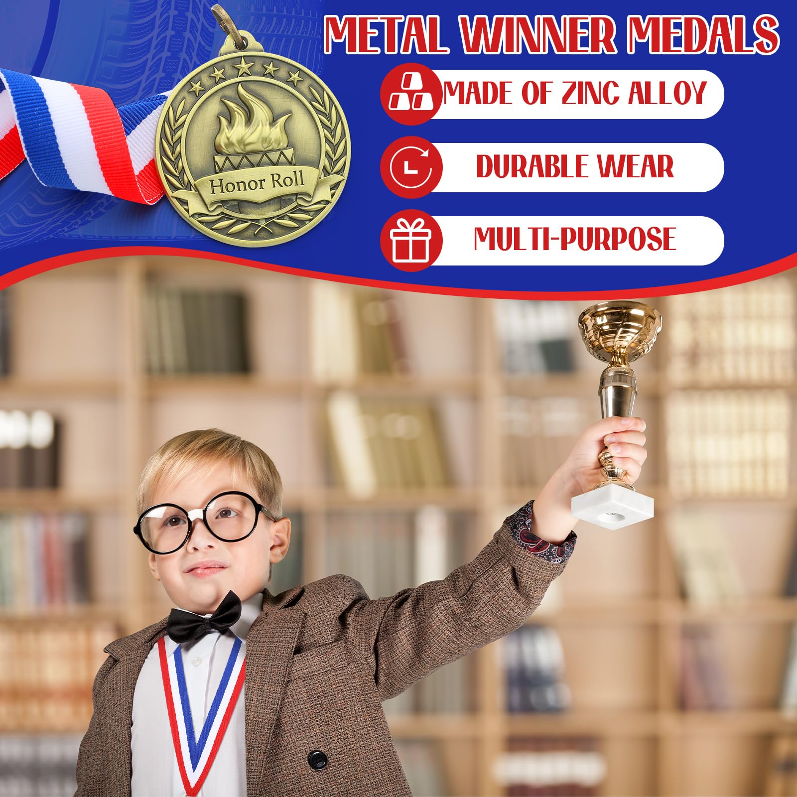 Medallas de premio de honor con cintas para el cuello, 2 pulgadas de metal de bronce, trofeo 3D, regalo para lectura, participación exitosa, graduación, torneos escolares, honor deportivo