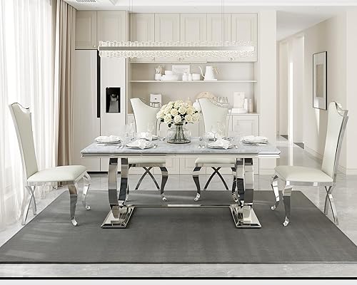 Miniatura 2 de Asday Mesa de comedor moderna de 72 pulgadas con base en U de metal de acero inoxidable plateado en gris plata