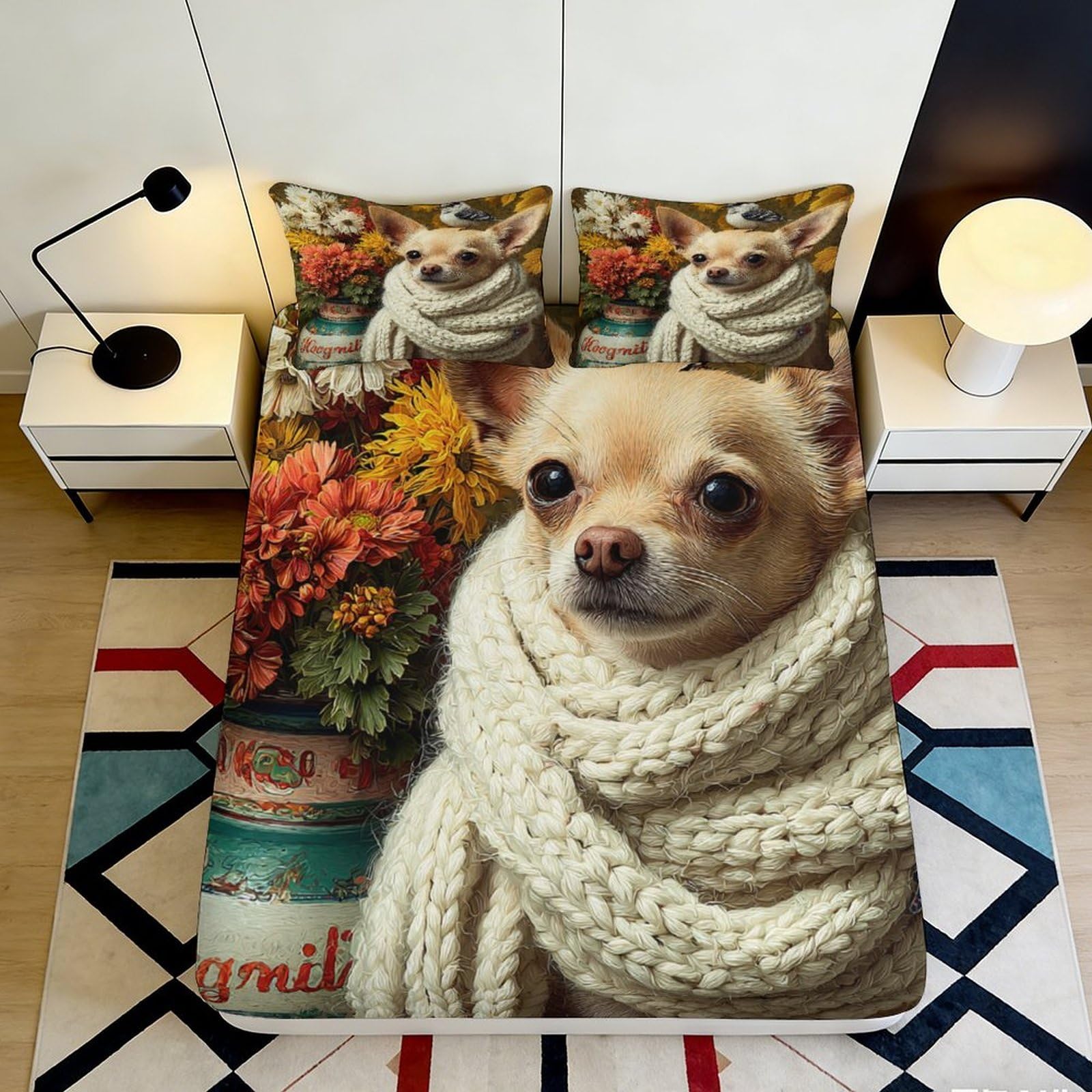 3D Printed Chihuahua Dog Fitted Sheet Microfiber Autumn Floral Bed Cover for Bedroom Guest Room Decor Washable 90x200x25cm