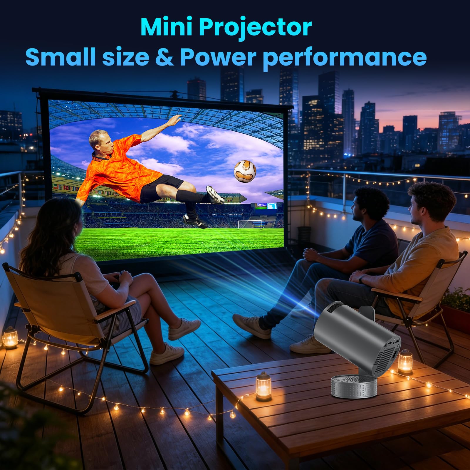 Vidéoprojecteur 4K, Mini Projecteur avec WiFi 6 BT5.4, Correction Trapézoïdale, 270° Rotation, Base de Son, Compatibile avec HDMI/USB/PS5, Retroprojecteur Portable pour Chambre, Maison et Extérieur