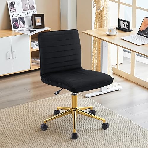 Miniatura 3 de Furnimart Silla moderna tapizada de terciopelo negro para oficina en casa, silla de escritorio sin brazos para computadora, respaldo medio, silla