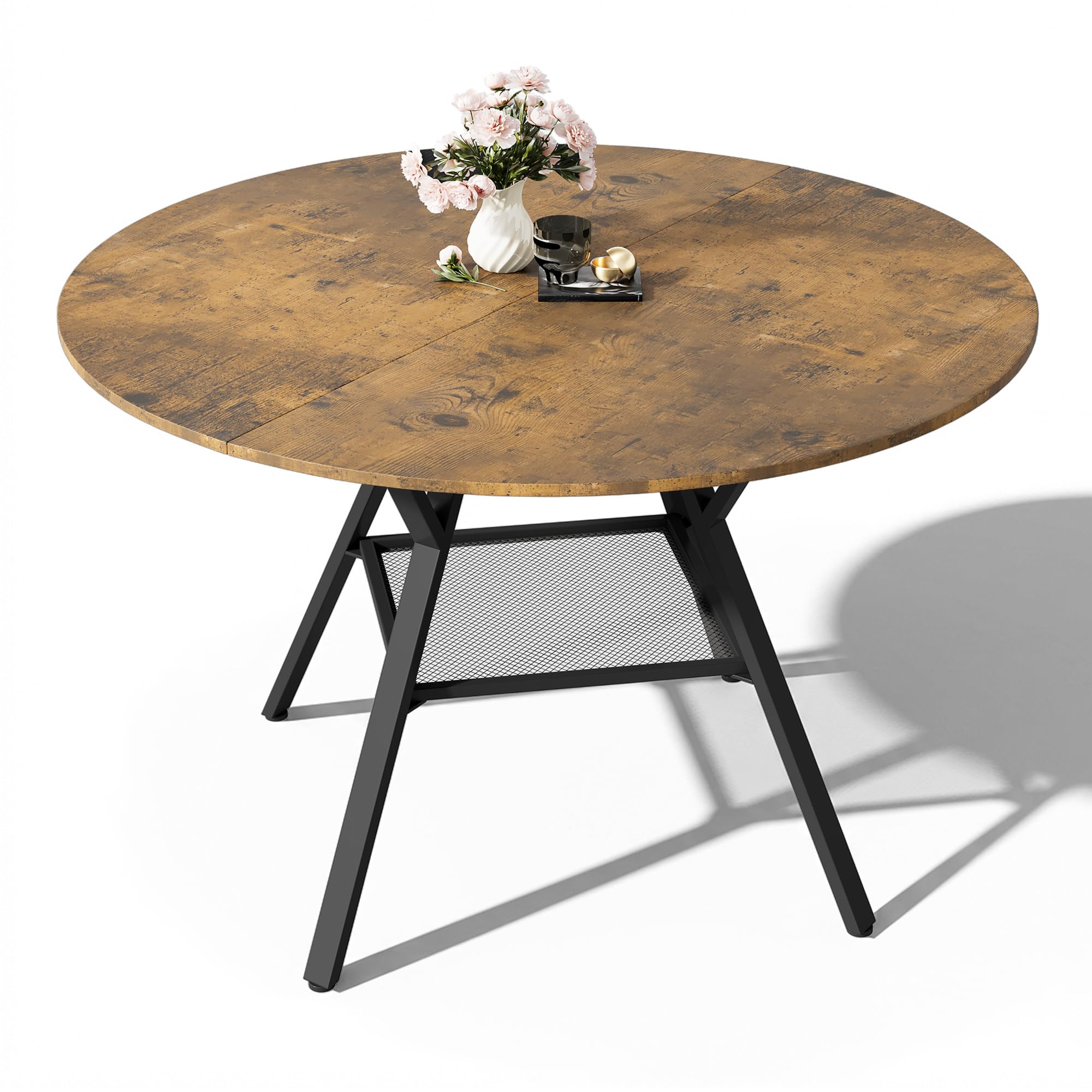 Runder Esstisch 120 cm, Esszimmertisch Holz für 4–6 Personen, mit Ablage und stabilem Metallgestell, platzsparender Küchentisch im Industrial Design für Esszimmer Küche Wohnzimmer, Retro