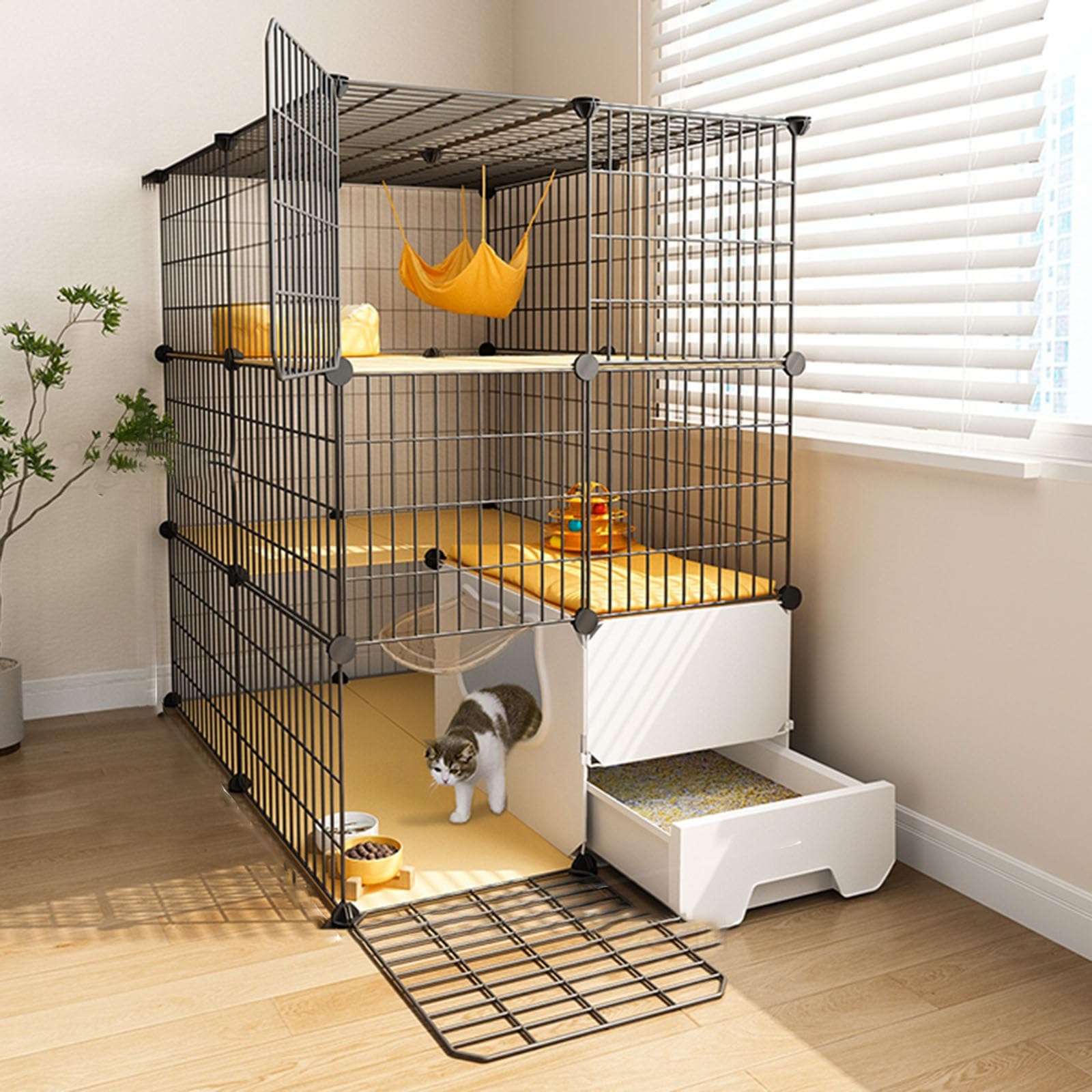 Gabbia per gatti, gabbie per gatti da interno grandi con lettiera a 3 livelli fai da te per gatti, recinto grande in filo metallico staccabile per conigli e cuccioli, uso interno (dimensioni