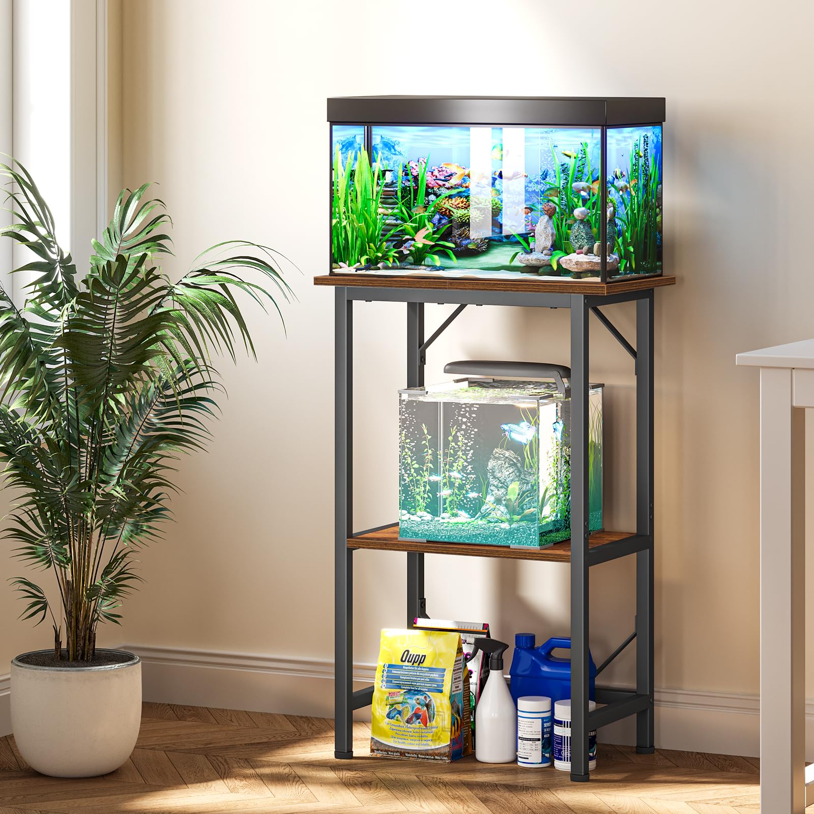 Snughome Aquarium-Ständer, 2-stöckige Aufbewahrungsregale, robuster Terrarienständer für Zuhause, Büro, Aquarium, 52 cm L x 28 cm B x 78 cm H, rustikales Braun
