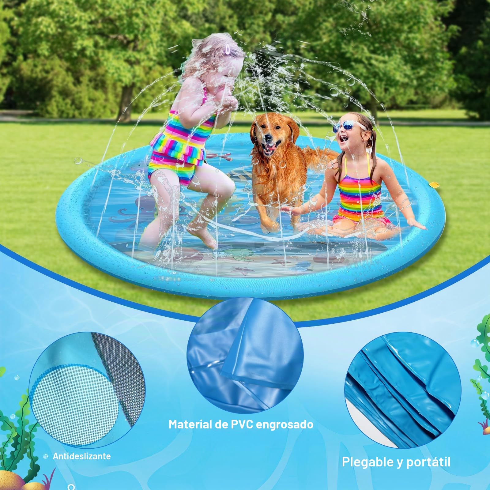 170 cm Splash Pad, Juegos de Agua con Rociadora para Niños y Perros, Antideslizante Alfombra Aspersora para Jardín Playa, Juguete de Verano para Exterior, Niños y Mascotas