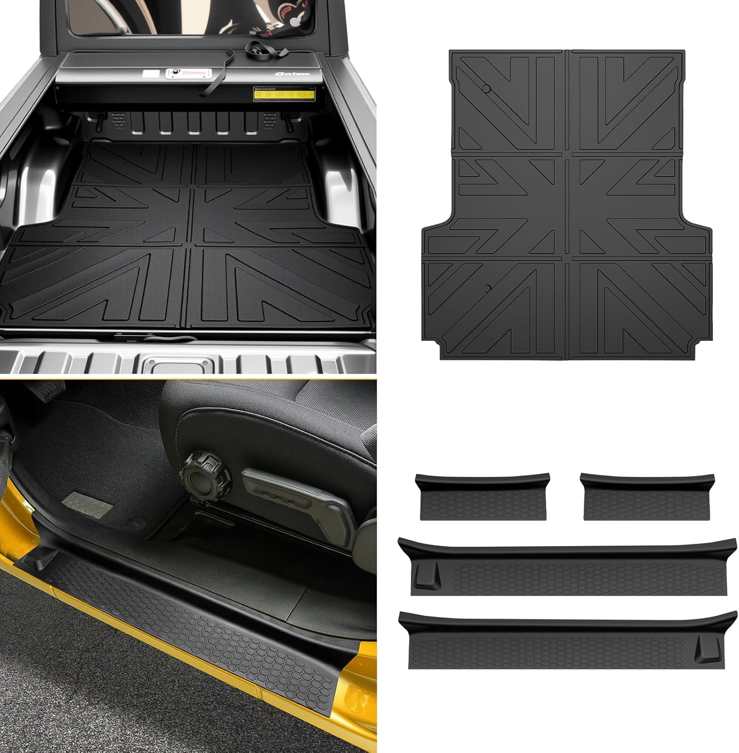Bed Mat & Door Sill Guards for 2020-2025 Jeep Gladiator JT 4 Door, All Weather TPE Truck Cargo Bed Liner(5FT) with Door Sill Protector for 2020-2023 2024 2025 Gladiator Pickup Accessories