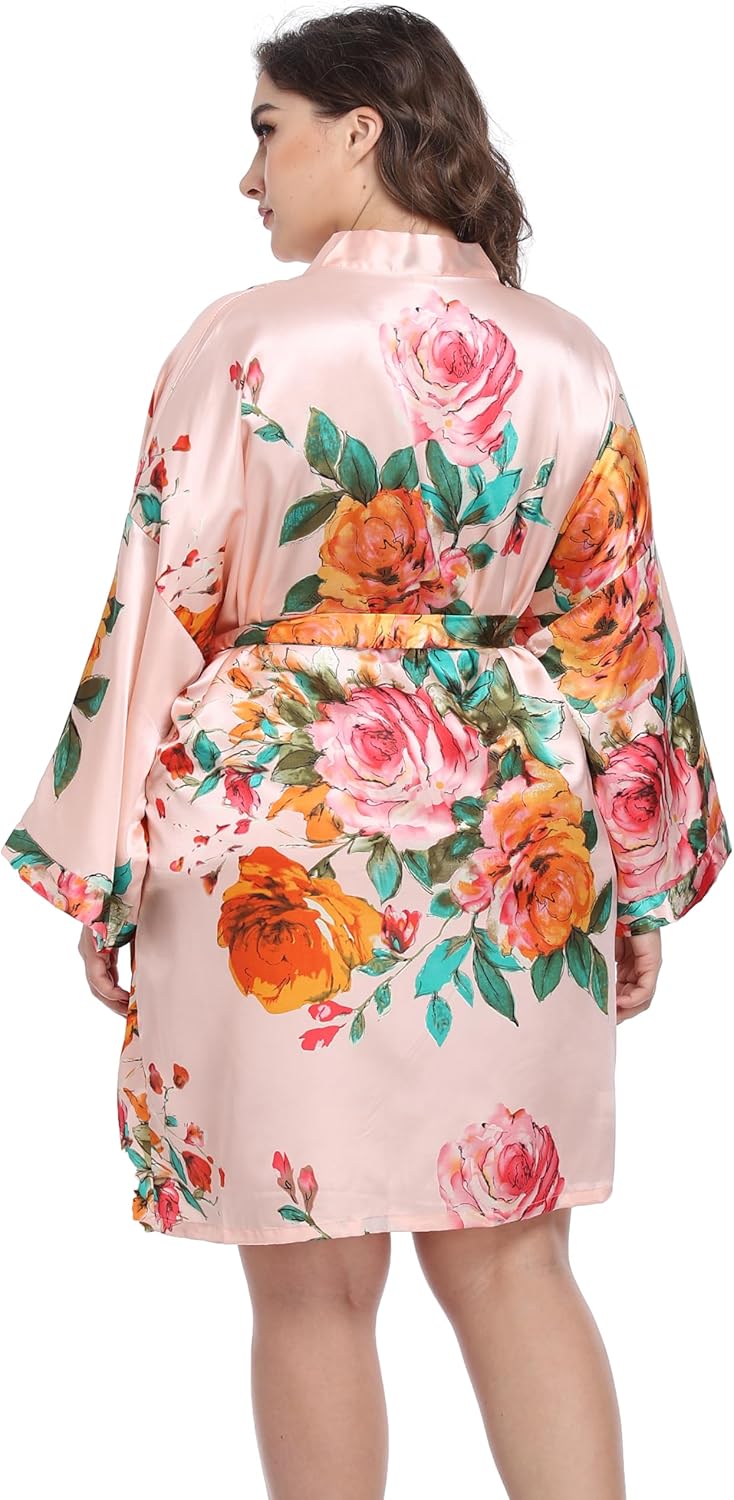 Women's Plus Size Floral Silky Robes Bride Bridesmaid Short Satin Bathrobe Kimono Loungewear Dressing Gown - Image 3