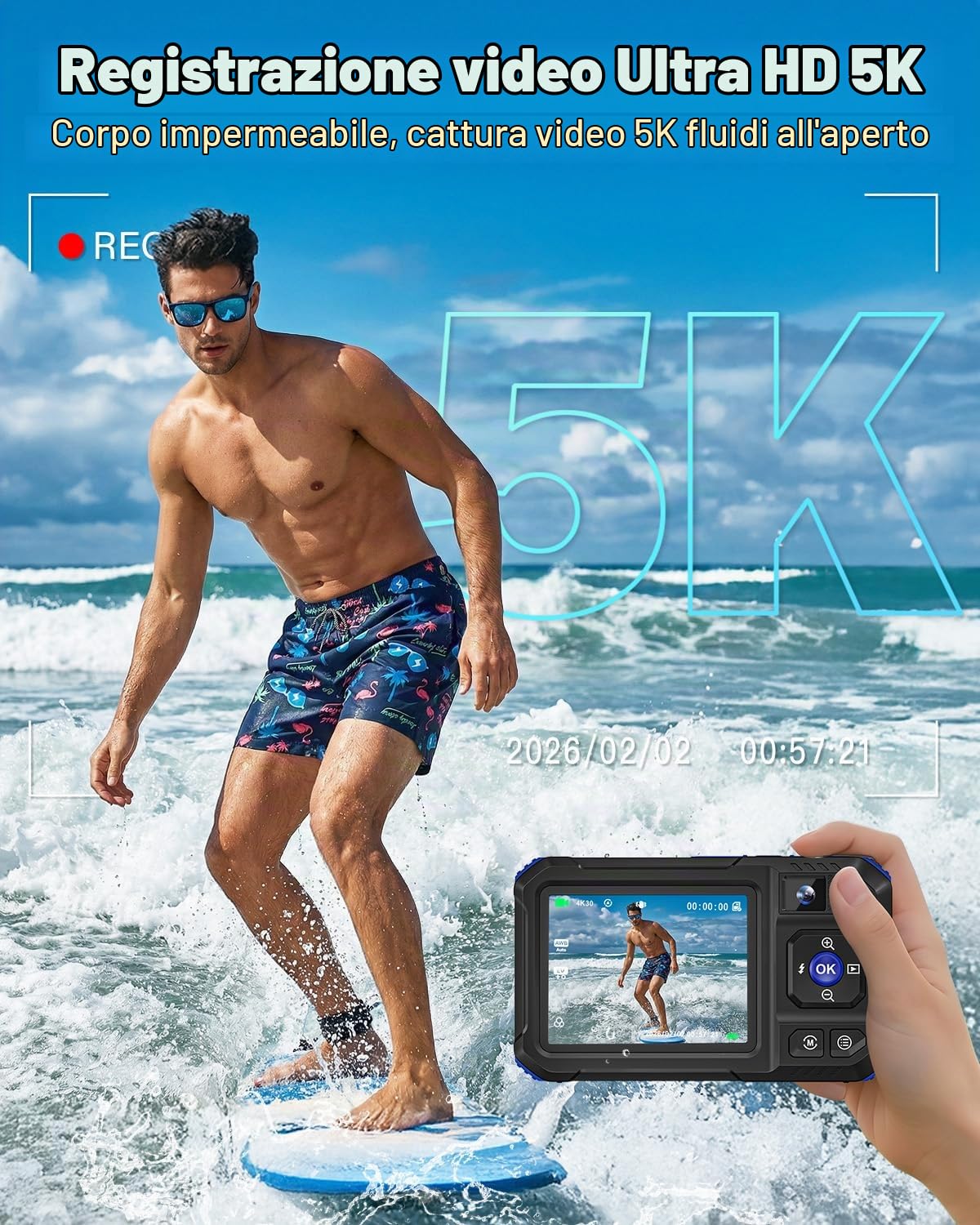 Fotocamera Subacquea, Fotocamera Digitale 5K 96MP Impermeabile 10 Metri Autofocus WiFi con Scheda 32GB, Doppio Schermo per Selfie, Fotocamera Subacquea Galleggiabile 16X per Snorkeling