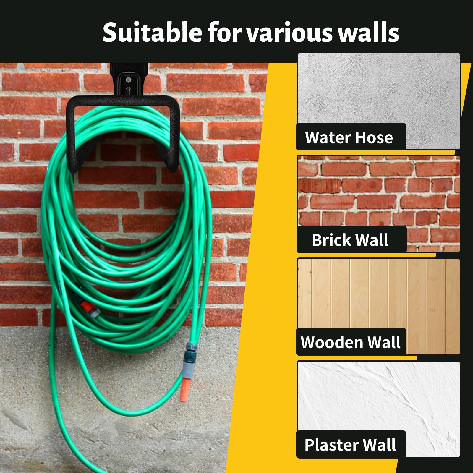 Soporte de pared para manguera de jardín, soportes de manguera de agua para exteriores, soporte de talón de hierro resistente de 100 pies con accesorios, accesorios de organización de garaje