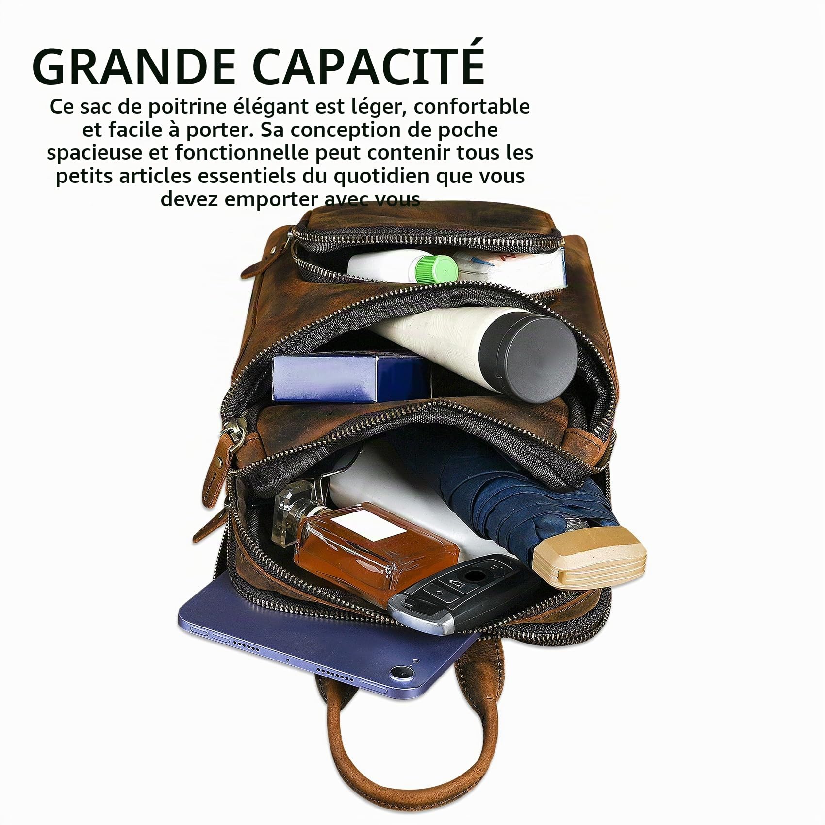 Vintage,Cuir véritable, triangulaire Sac à bandoulière, Sac à dos poitrine, Sac à dos à une épaule, pour homme et femme 3028