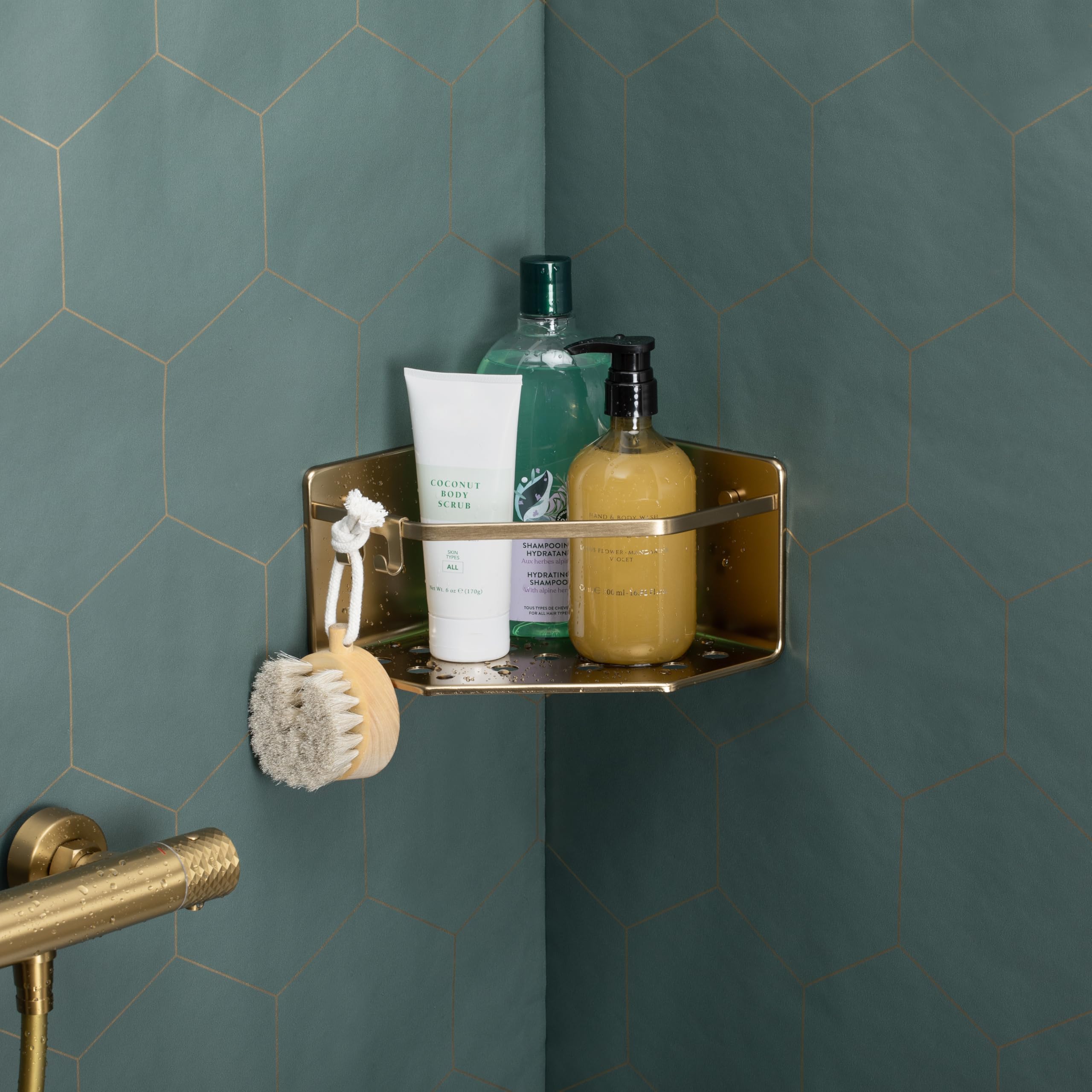 TATAY Shower Shelf No Drilling Corner Aluminium, Gold, 20x20x12 cm - Image 3