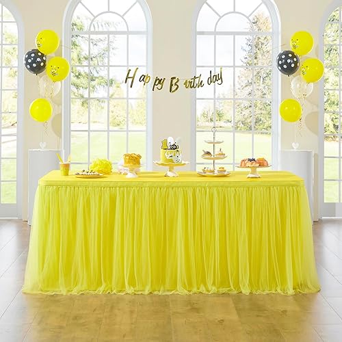 Miniatura 26 de Faldas de mesa de tul blanco de 167 pulgadas para mesas rectangulares de 6 pies y 8 pies, tul tutú de 2 capas con volantes dorados Grim, falda