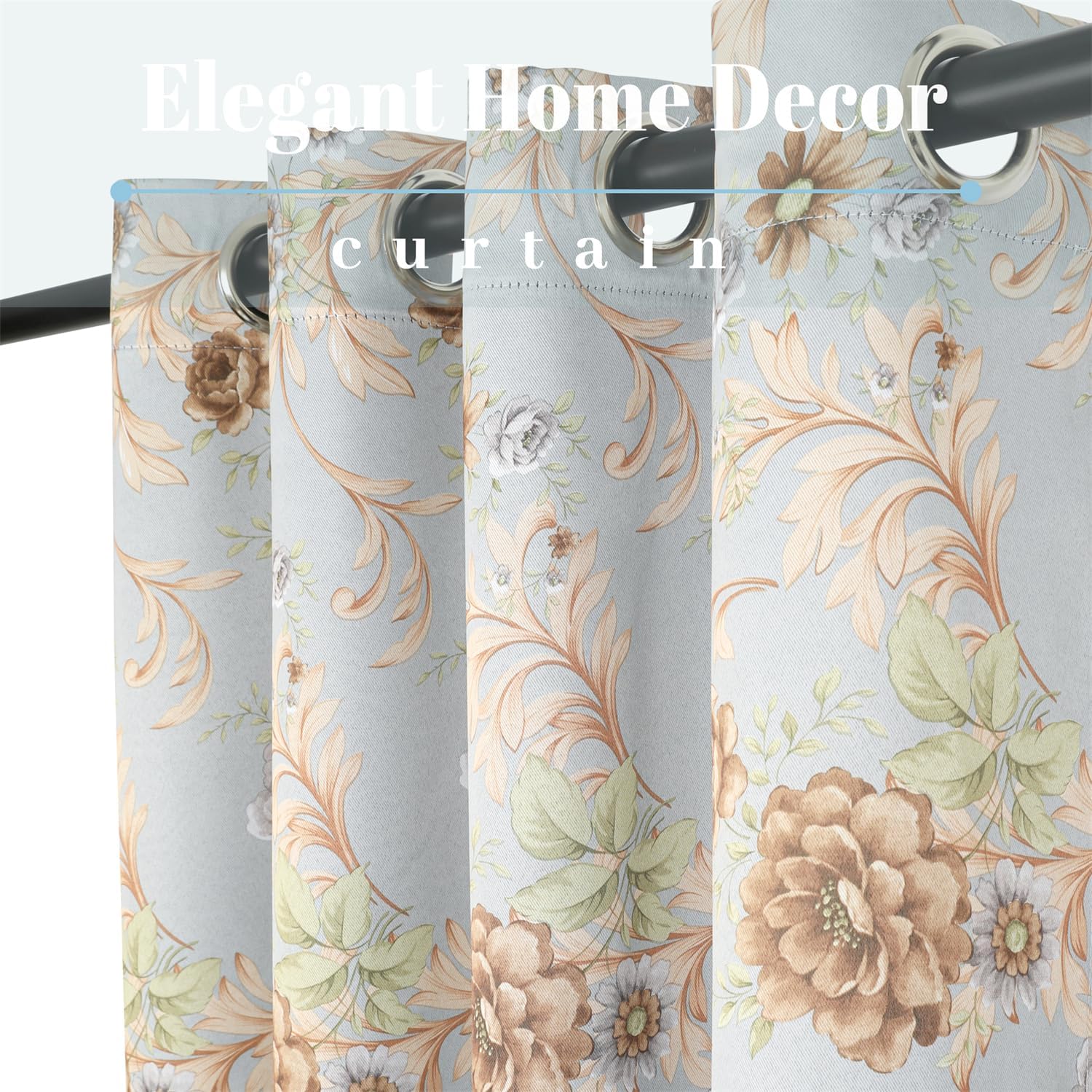 Blackout Curtains 54 Inch Long Farmhouse Floral Grommets Thermal Insulated Curtain Kids Room Bedroom Drapes, 2 Panels Blue Grey