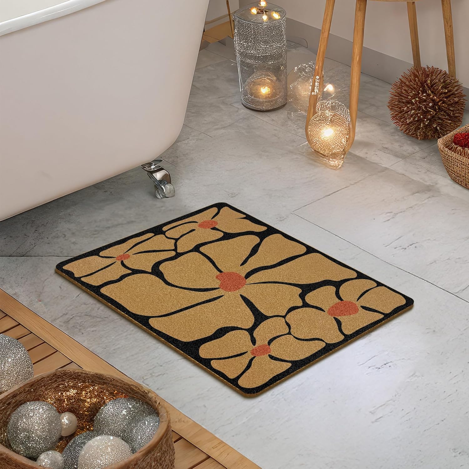 Boho Floral Coir Door Mats Outdoor, Abstract Black and White Floral Front Door Mat Outside Entrance, Boho Doormat Outdoor Indoor Entrance for Home Entryway Decor, 17x30in
