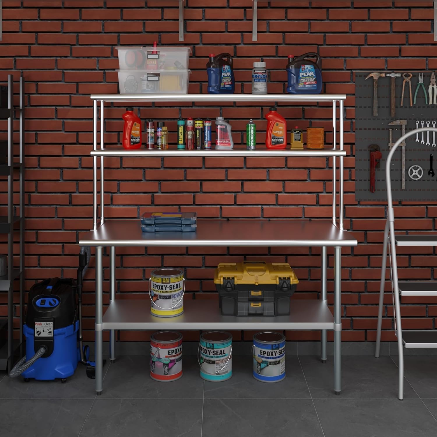 24" x 60" Stainless Steel Work Table with 12" Wide Double Tier Overshelf | Metal Kitchen Prep Table & Shelving Combo