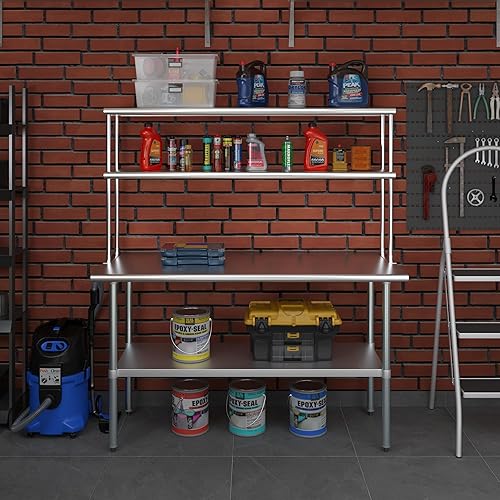 Miniatura 7 de Mesa de trabajo de acero inoxidable de 24 x 60 pulgadas con estante de doble nivel de 12 pulgadas de ancho  Combo de mesa de preparación de cocina y