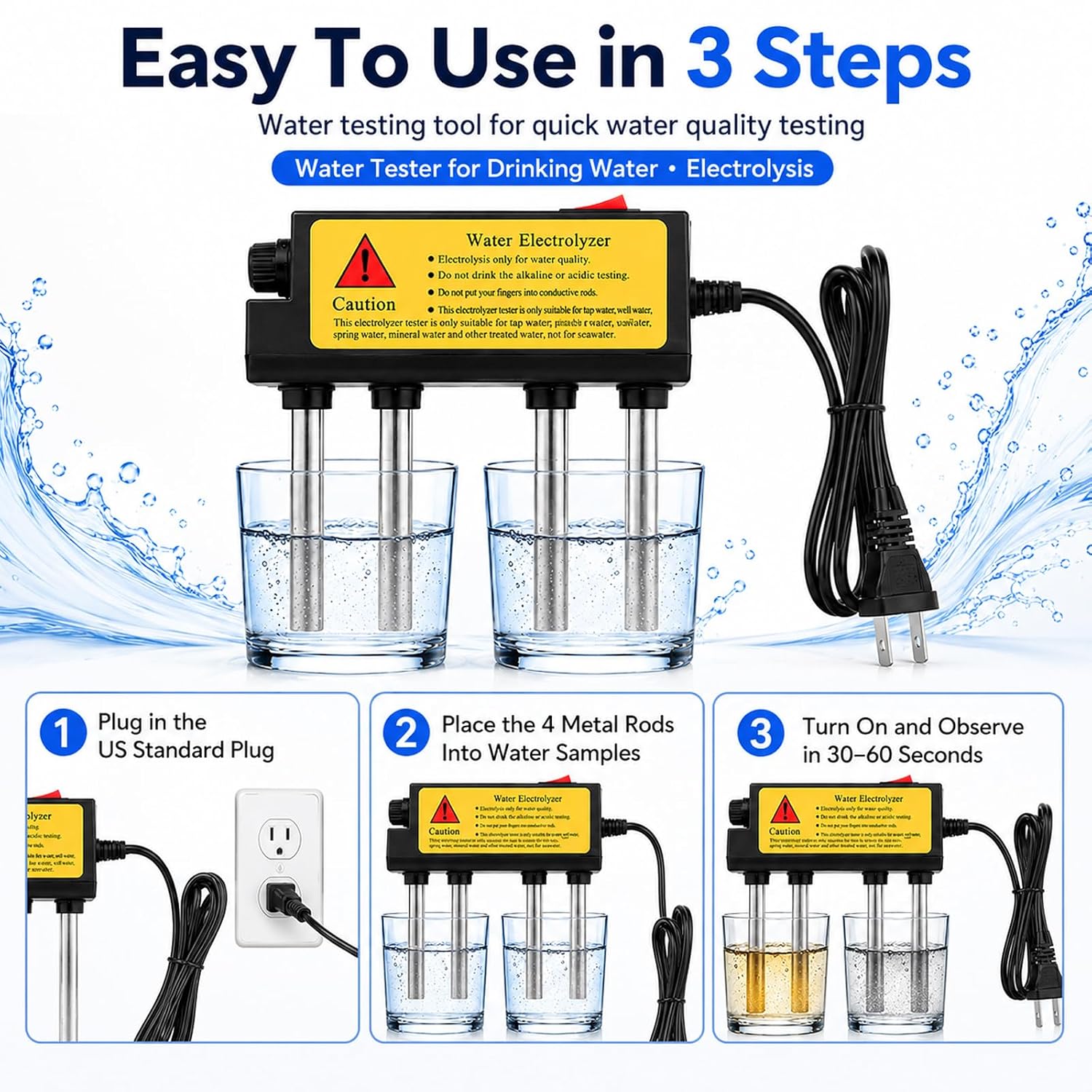 Water Electrolyzer Tester, 4 Metal Rods, 100-240V US Plug | Electrolysis machine for side-by-side water sample comparison, visible reactions in 30-60 seconds for home and classroom use