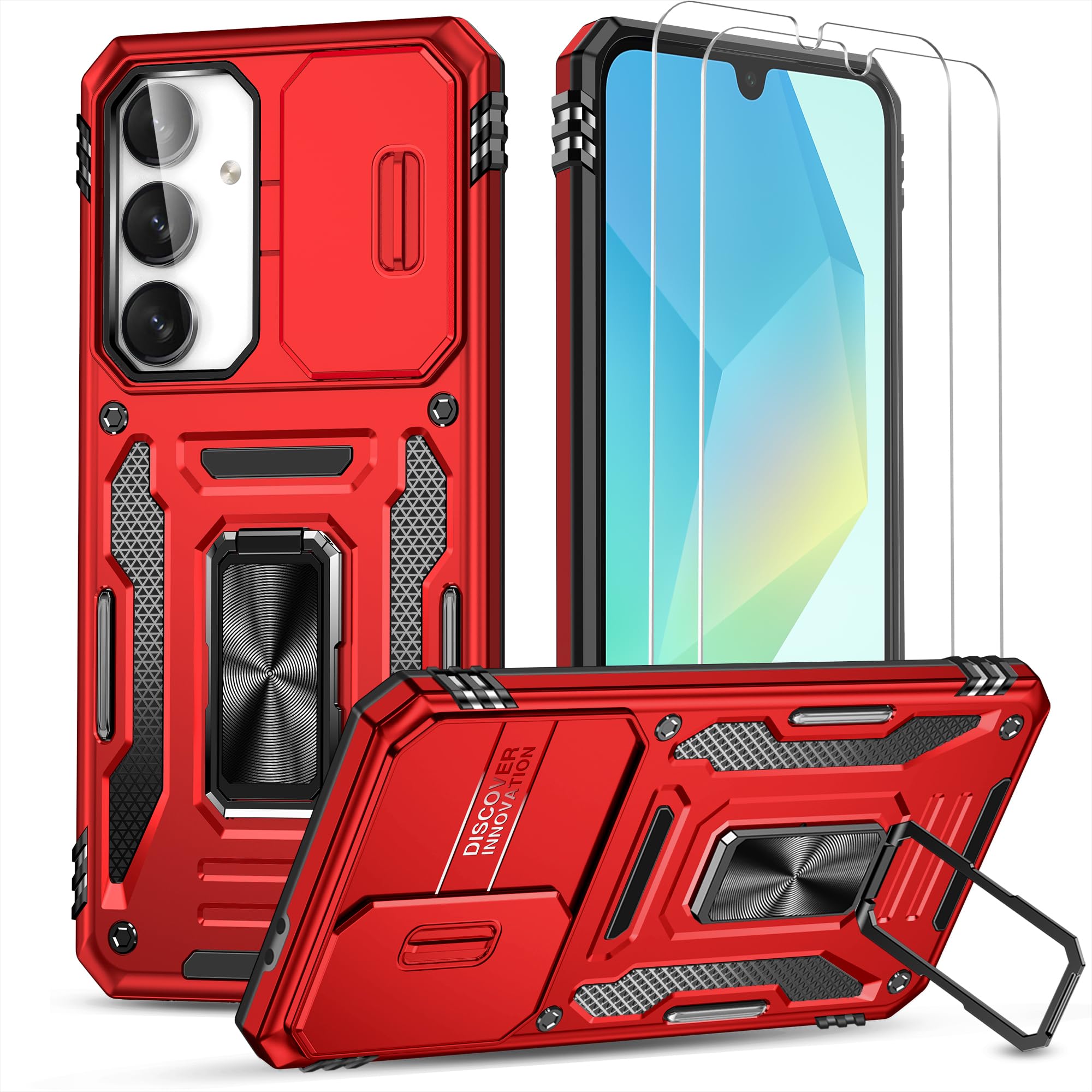 Ezanmull for Samsung Galaxy A16 5G Case with Slide Camera Cover + Screen Protector(2 Packs), Rotated Ring Kickstand Military Grade Shockproof Protective Cover for Samsung Galaxy A16 5G (Red)