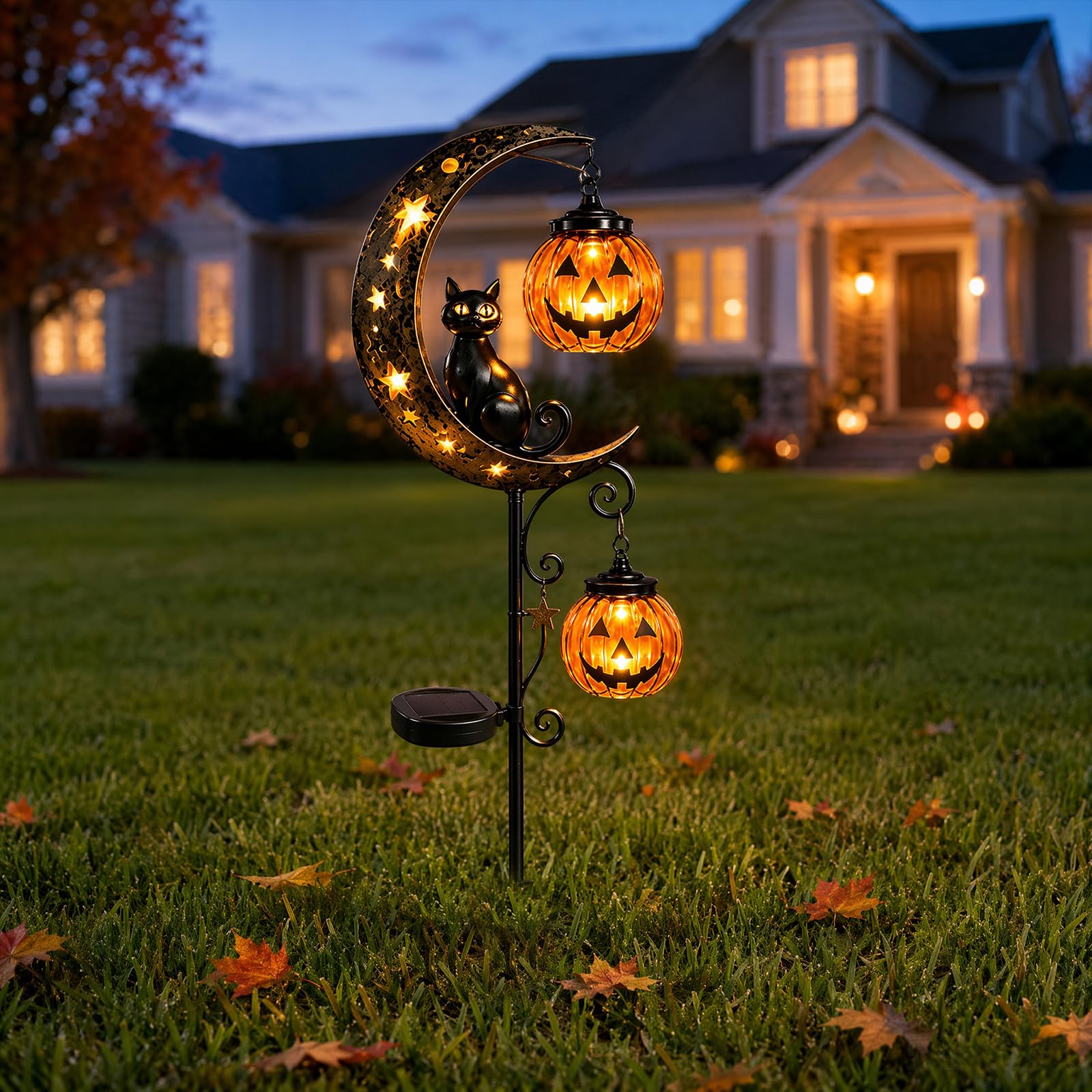 Solar Halloween Black Cat & Pumpkin Moon Garden Stake LED Light