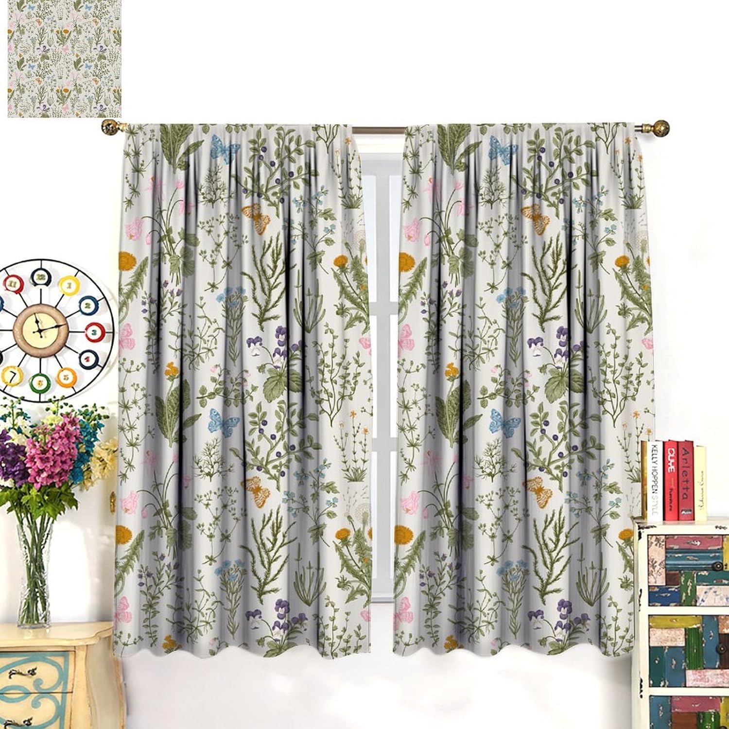 Floral Window Curtains,Vintage Garden Plants Herbs Flowers Botanical Classic Design Art Print Window Drapes for Bedroom Living Room Kitchen Decor,2 Panel Set,42x54 Inch Blackout Style-8