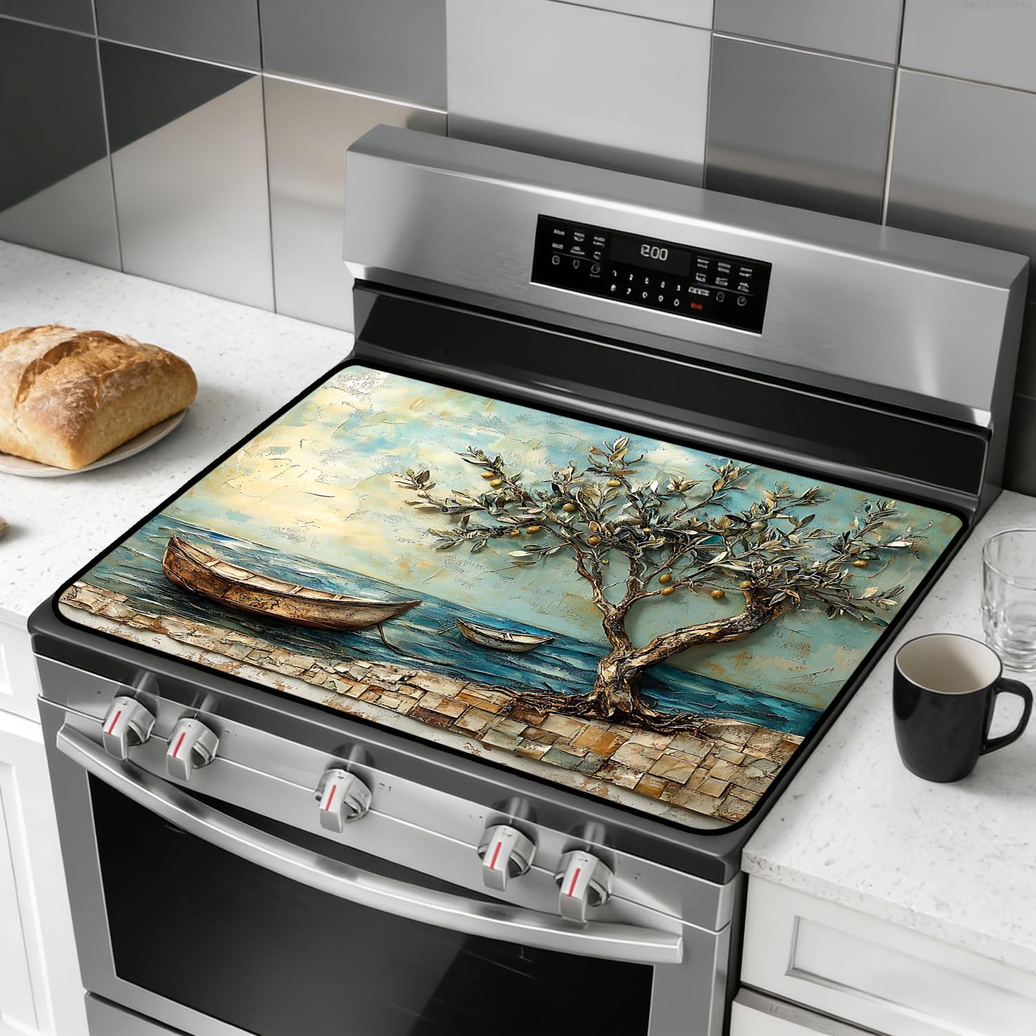 Stove Top Cover for Electric Stove, Vintage Farmhouse Style Glass Cooktop Protector, Multi-functional Kitchen Counter & Washer Top Cover