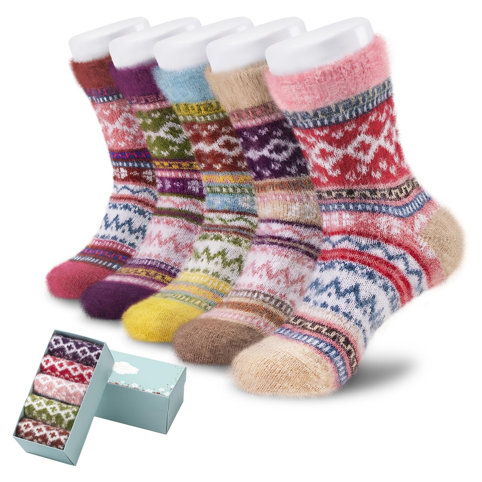 ICEIVY 5 Pair Fuzzy Cozy Socks for Women - Warm Comfy Soft Casual Home Sleep Winter Wool Socks - Gifts for Women