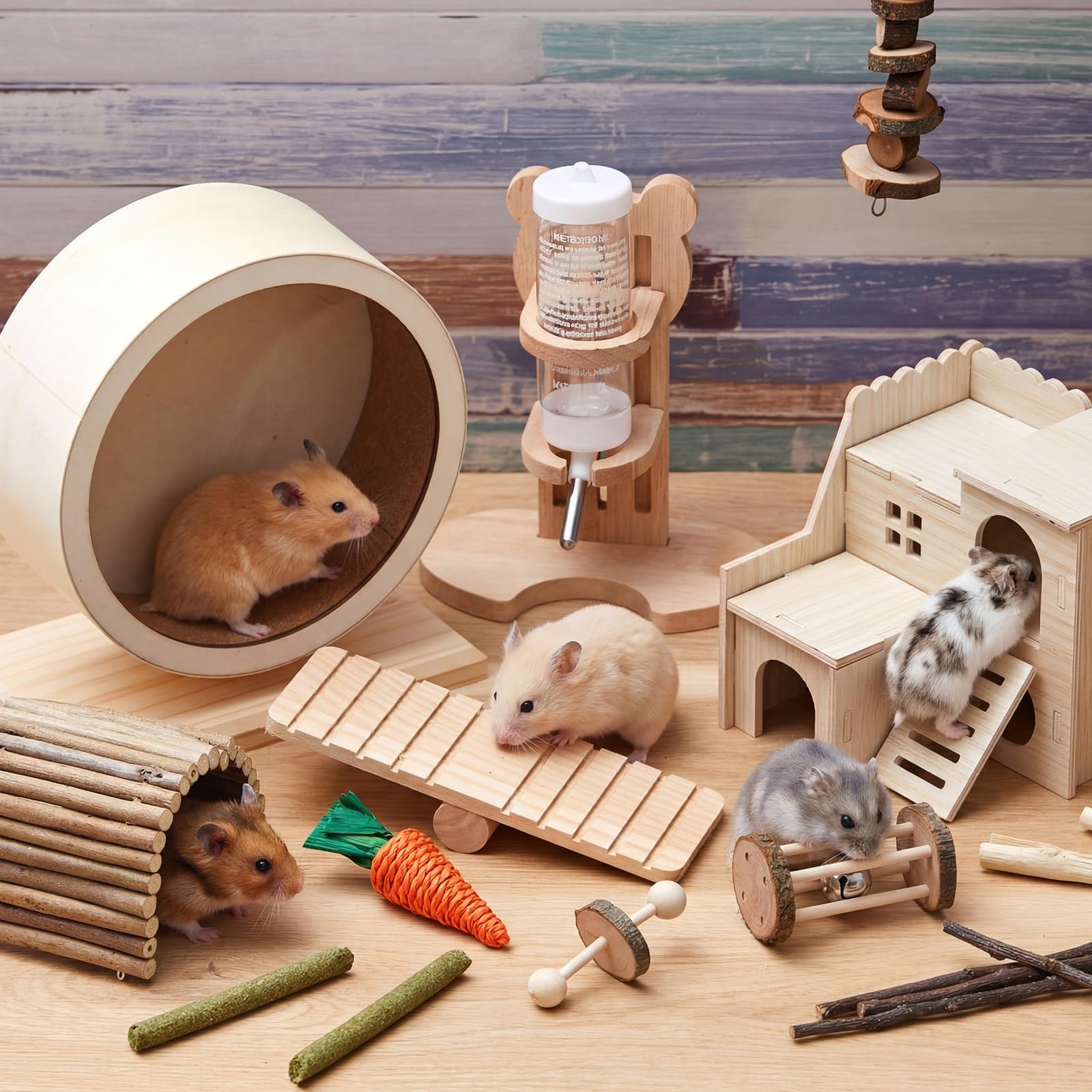 18-teiliges Hamsterkäfig-Zubehör, leises Hamsterrad, 15-teiliges Kauspielzeug-Set, Labyrinth-Holzhaus und Wasserflaschen-Set für Ratten, Mäuse, Kleintiere, Lebensraum (Harmonie-Holzstil)
