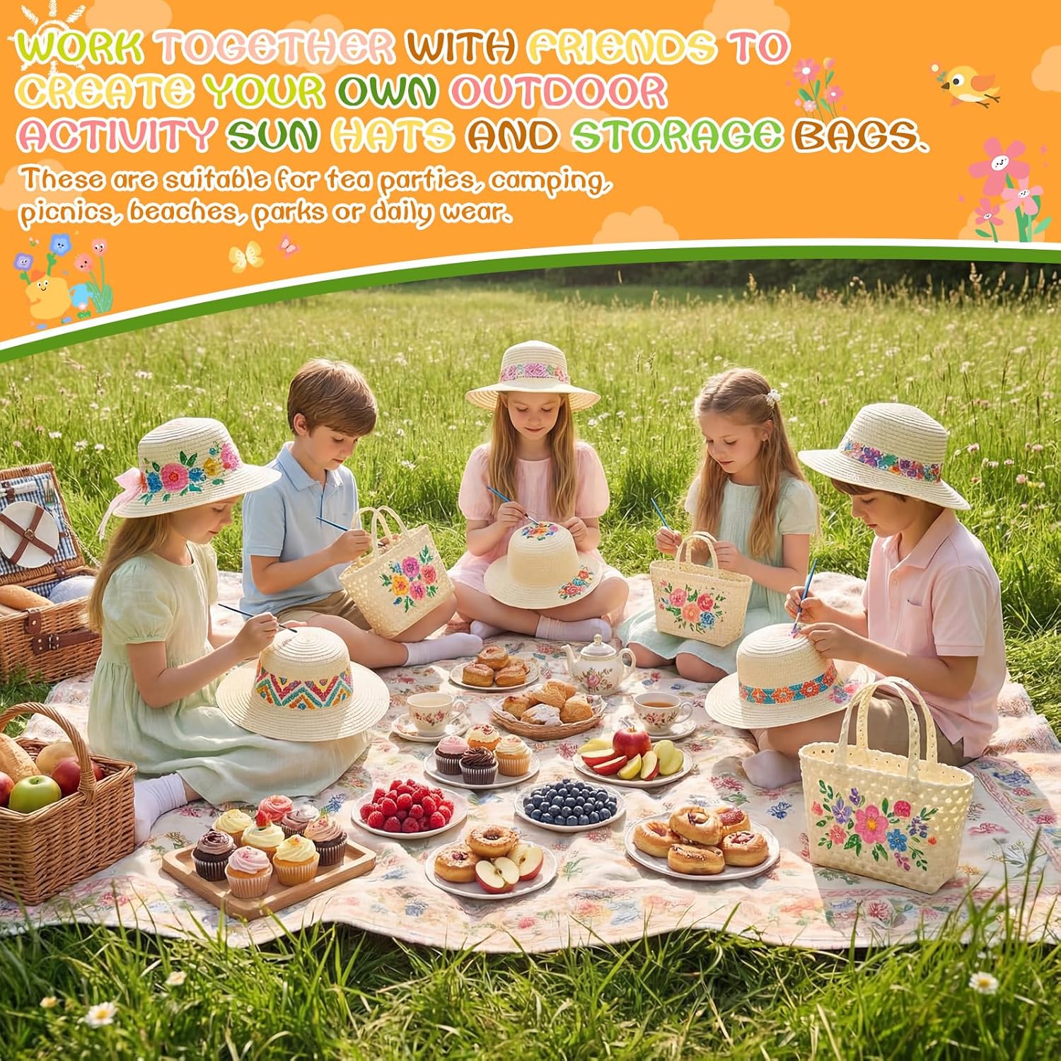 Mepase 12 Sets DIY Straw Hat with Handbag Tea Party Hat and Purse for Kids Girls Beach Summer Cap Birthday Party Travel Gift